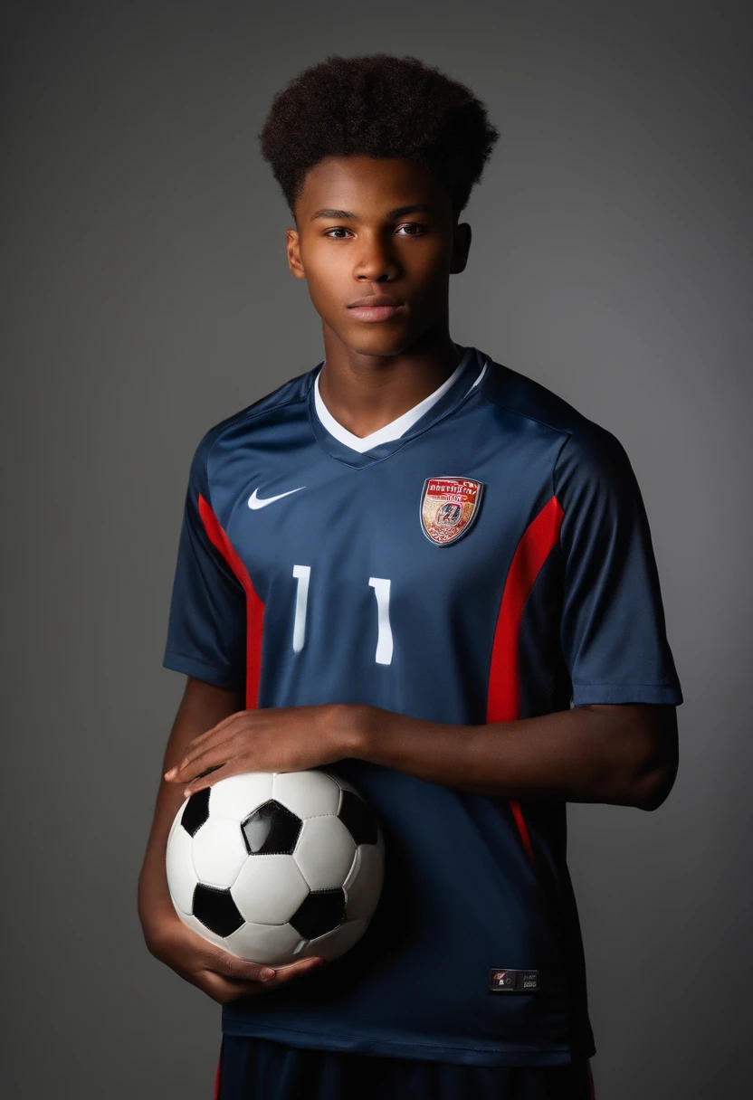 85mm DSLR color photography of a very detailed headshot fitting all of head and shoulders in frame, 18 year old male soccer/football player, grey background