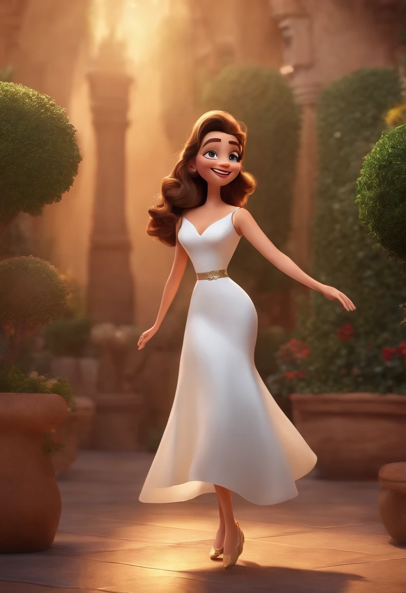 "(best quality,ultra-detalhado,Realistic:1.37),3D rendering,illustration,design de personagens,cabelos curtos e cacheados escuros,belos olhos detalhados,wearing white glasses,Estilo Pixar,morena mulher,Dancing on the Disney stage,atmosfera animada,vivid colors,luzes de palco,expression joyful"