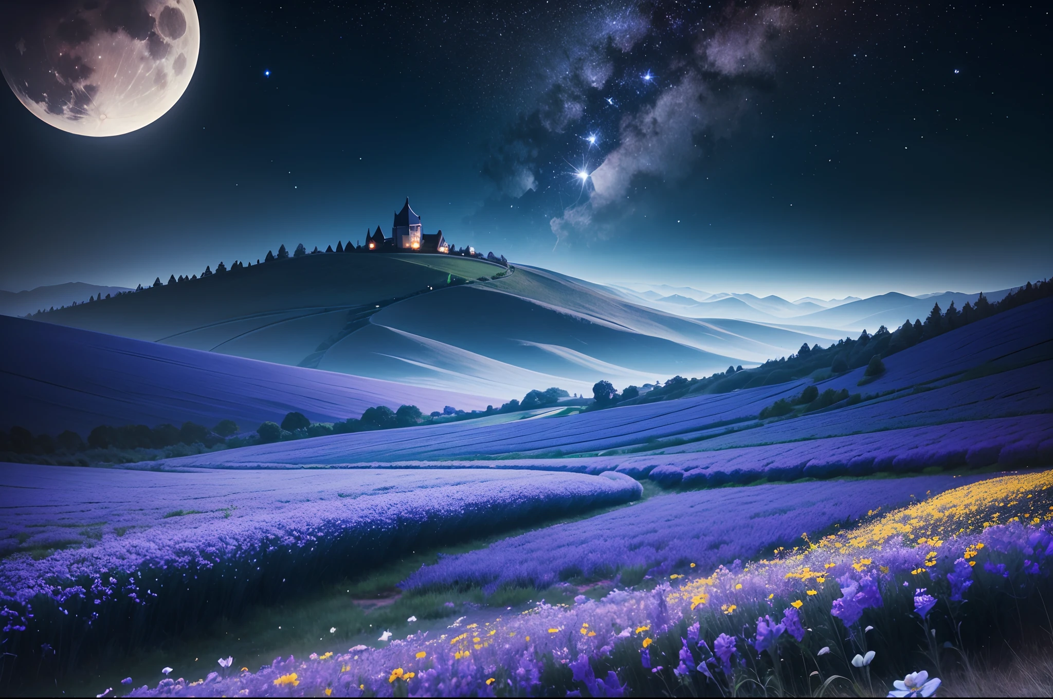 A beautiful darkish night,sky filled with stars, beautiful blue colour flower field,landscape, full beautiful moon,ultra realistic 8k quality,