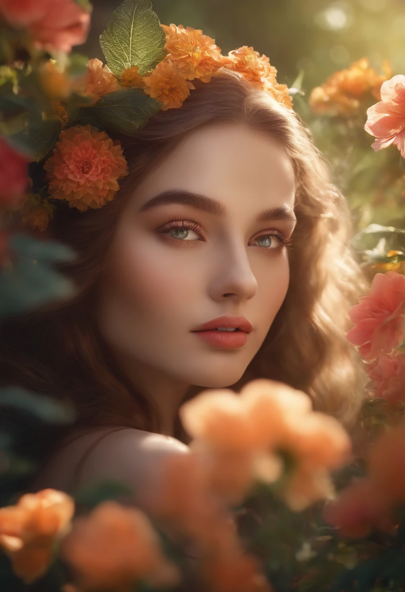 A girl in a garden,beautiful detailed eyes,beautiful detailed lips,extremely detailed eyes and face,long eyelashes,3D rendering,ultra-detailed,high quality,realistic,portrait,floral,soft and dreamy lighting, vibrant colors, colorful flowers, flowing dress, graceful pose, cheerful expression,fantasy surreal atmosphere, ethereal and magical,harmonious color palette,natural sunlight pouring through the trees,crisp and clear details,romantic,enchanted garden.