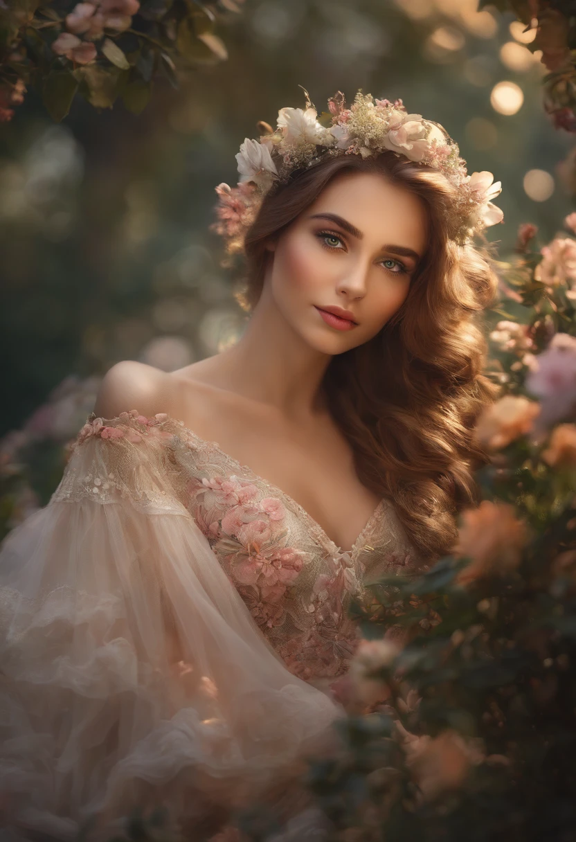A girl in a garden,beautiful detailed eyes,beautiful detailed lips,extremely detailed eyes and face,long eyelashes,3D rendering,ultra-detailed,high quality,realistic,portrait,floral,soft and dreamy lighting, vibrant colors, colorful flowers, flowing dress, graceful pose, cheerful expression,fantasy surreal atmosphere, ethereal and magical,harmonious color palette,natural sunlight pouring through the trees,crisp and clear details,romantic,enchanted garden.
