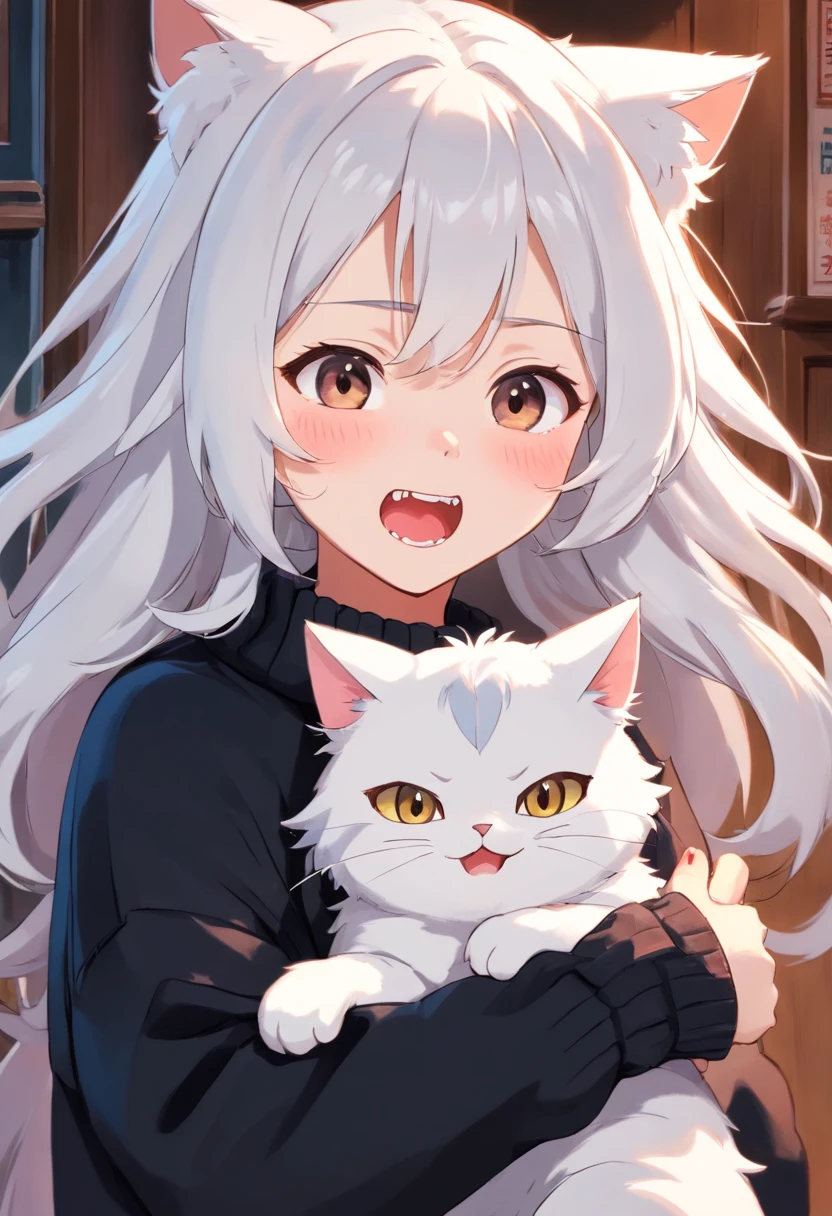 Soft, cute adult neko with puffy white hair wearing a loose fuzzy black sweater, adorable, has cat fangs and a blushy look on her face, OwO