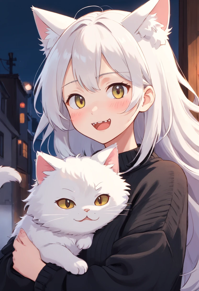 Soft, cute adult neko with puffy white hair wearing a loose fuzzy black sweater, adorable, has cat fangs and a blushy look on her face, OwO