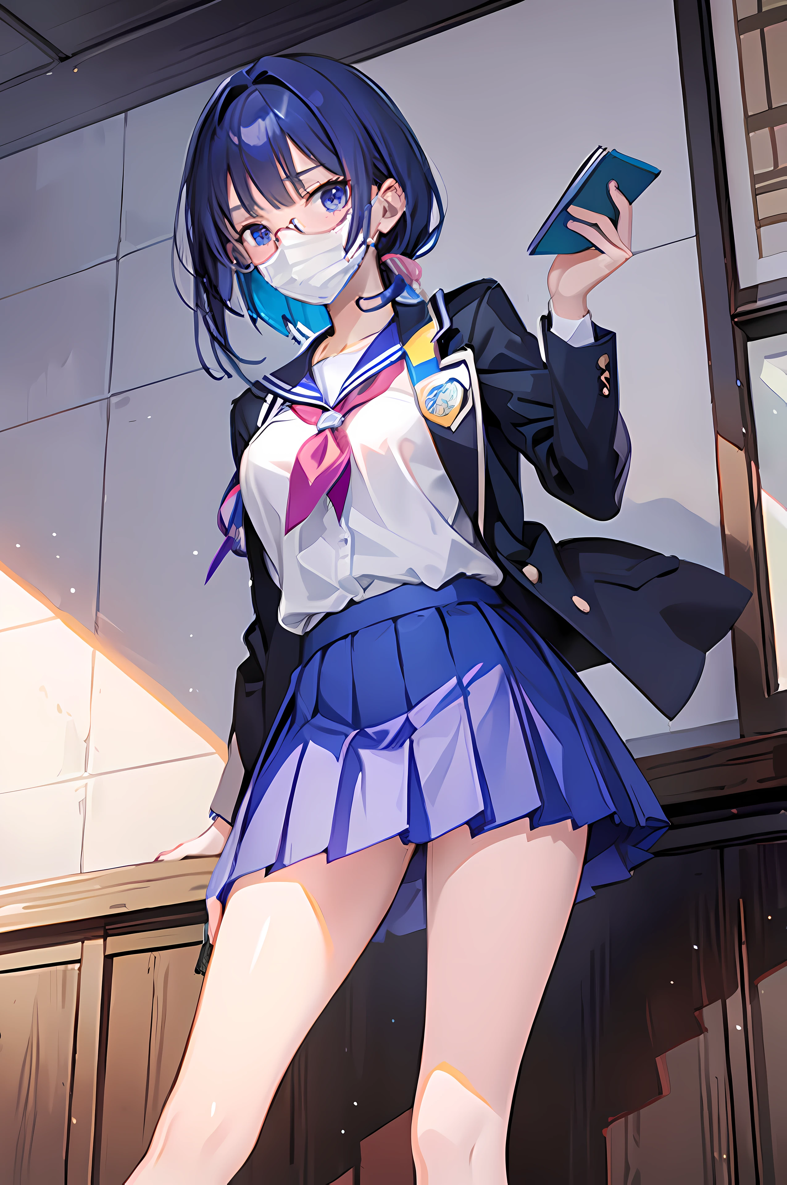 Anime Girl with Indigo hair, honor student and president of the schools student council, serious expression, blue-ish skirt, holding a book, wearing glasses