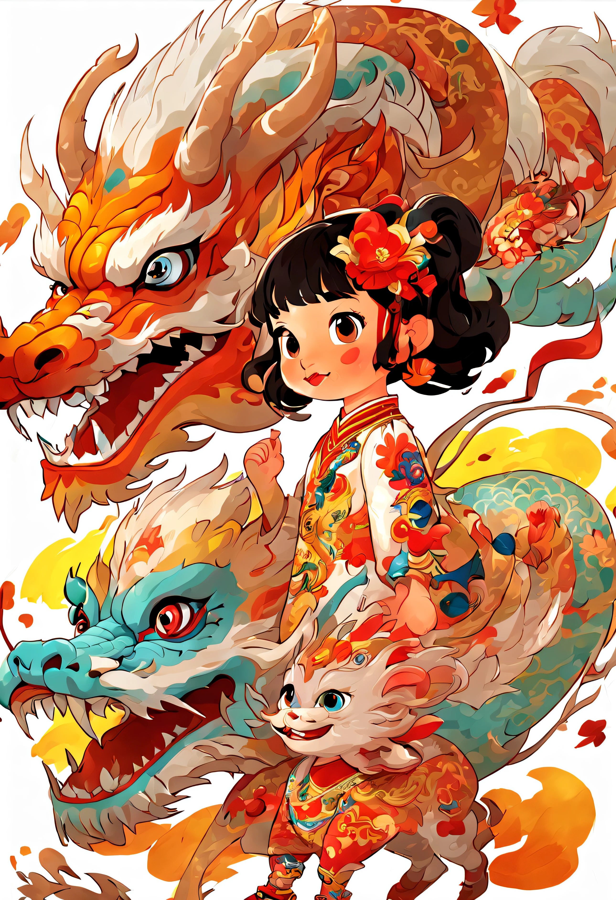 Lovely Chinese dragon and ***********, Chinese dragon, colorful cartoon characters, white background, colorful cartoon characters, colorful clothing, sticker art, high quality --ar 3:4