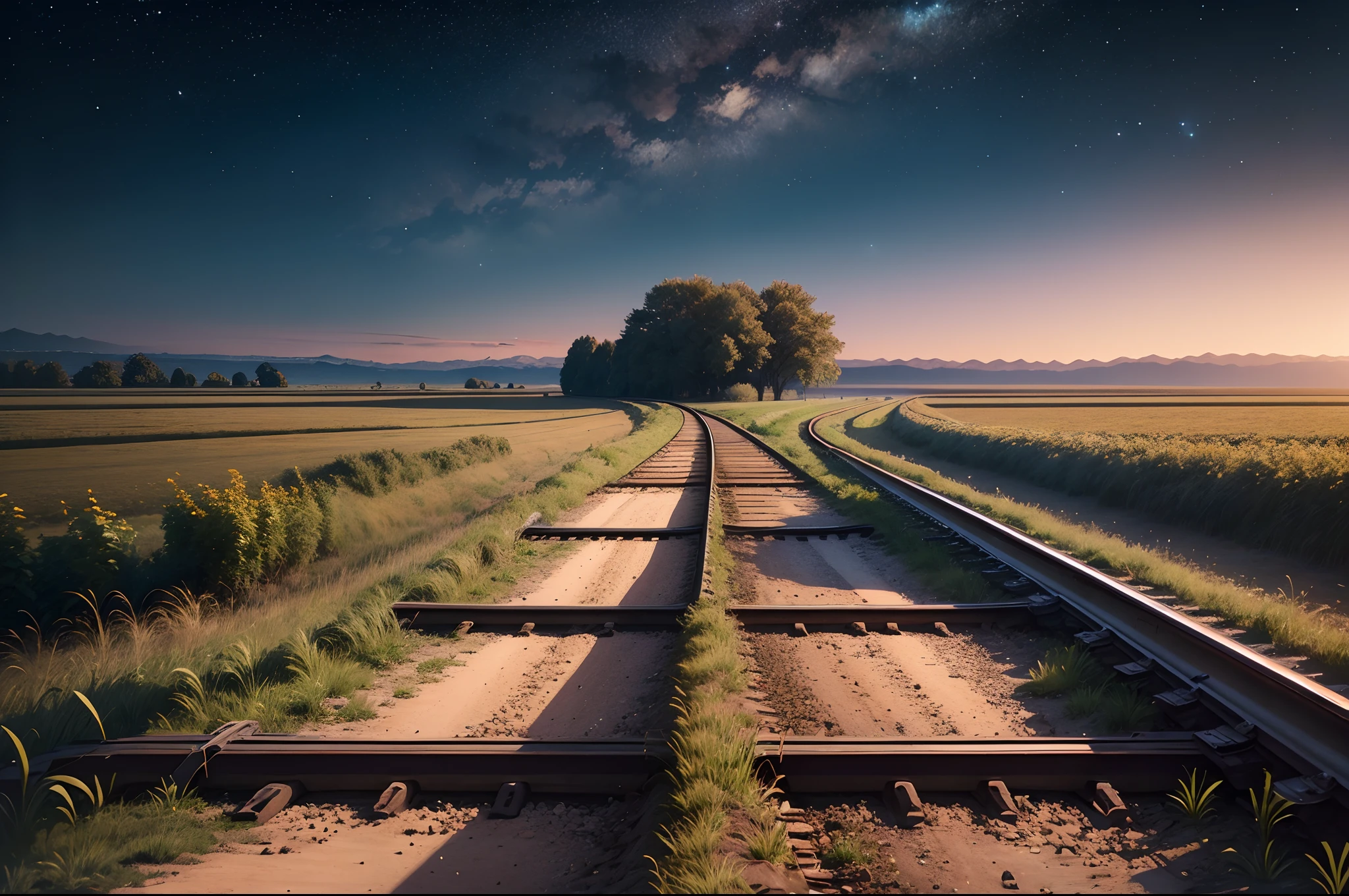 A beautiful night,sky filled with stars,an old railway track between a crop field,landscape, ultra realistic 8k quality,