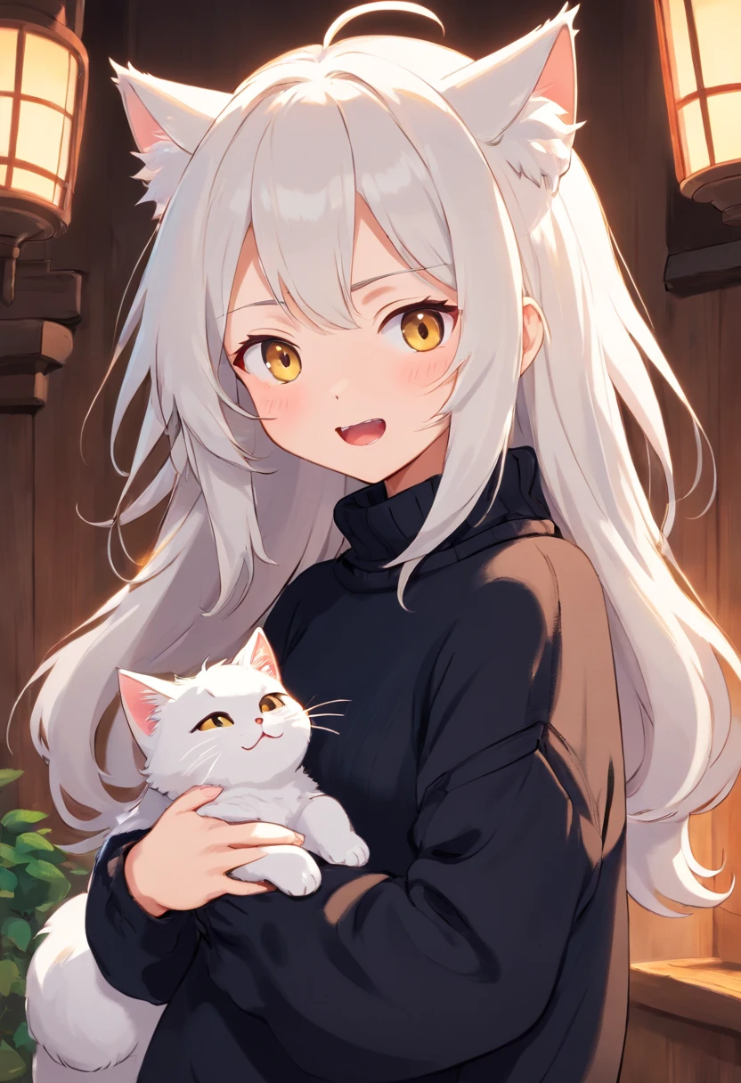 Soft, cute adult neko with puffy white hair wearing a loose fuzzy black sweater, adorable, has cat fangs and a blushy look on her face, OwO