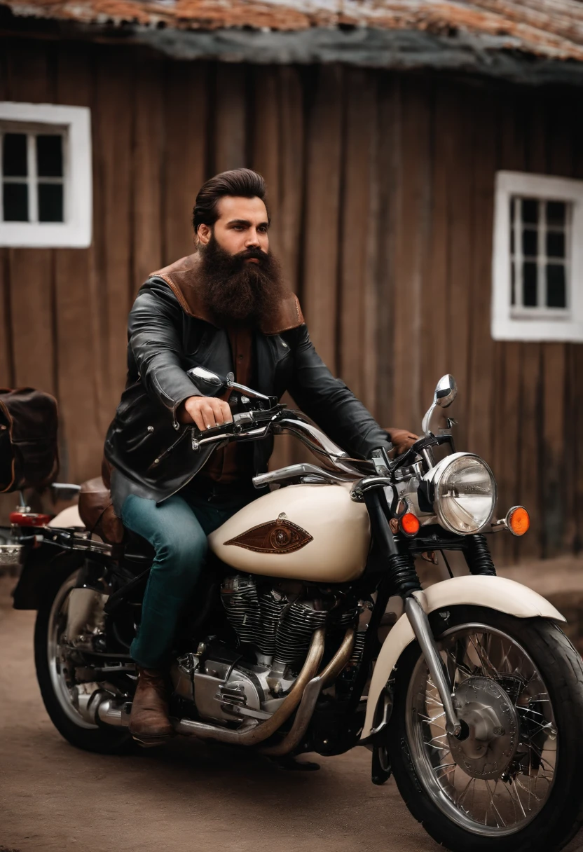 A collector on a motorcycle with a beard and brown hair weighing about 90 kilos 1.60 de altura ojos grandes y marrones paraguayo