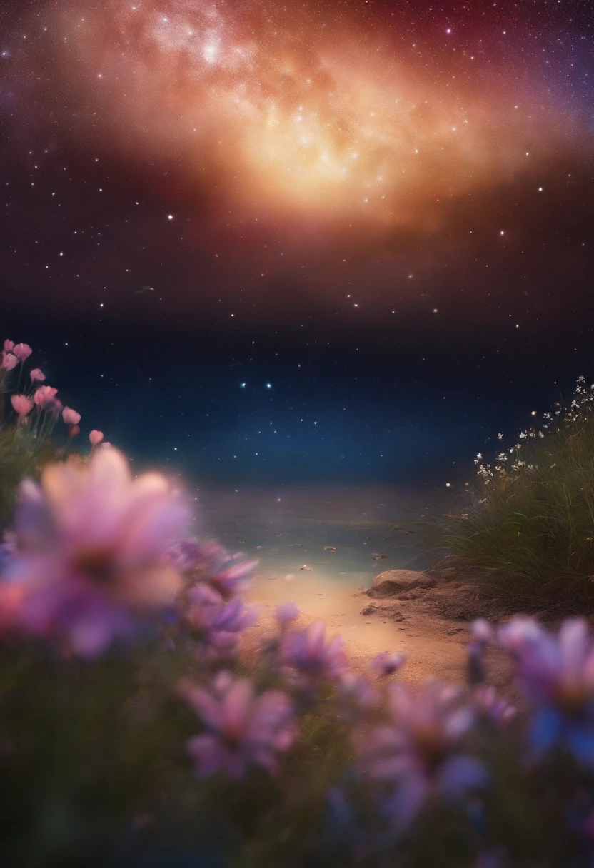 Foto em close-up, um garotinho de Anime usando um vidro branco , Standing on the ground,vista noturna ,Many stars in the night sky,the Milky Way ,flores coloridas,Headshot Close-up, oil painting style, Very obvious oil painting traces, estilo de paleta impressionista, UHD 32k, Beautiful, Booru, Tempo antigo, desenhos animados coloridos --ar 3:4 --