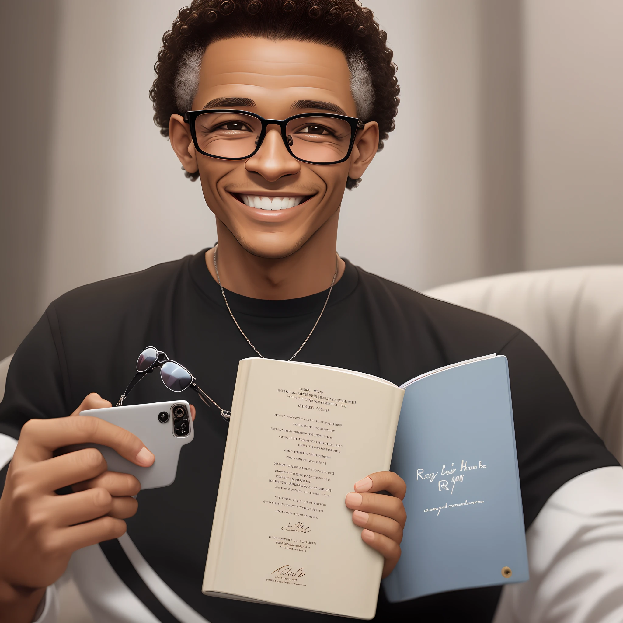 Quero criar um personagem negro, careca, com o peso de 77 quilos, white smile taking a selfie with Rayban glasses and with a bible in his hand smiling