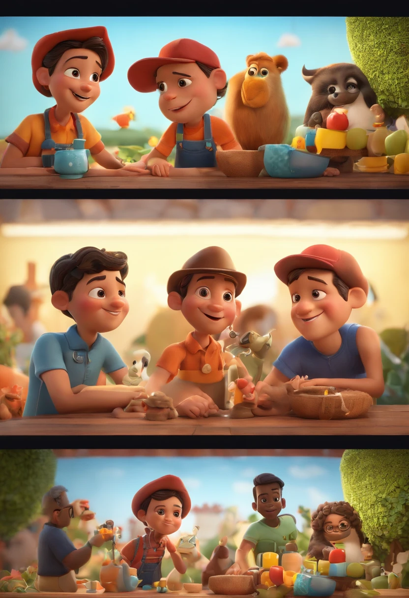 Create a Disney PIXAR-style 3D poster. ((centro da imagem)), ((1 pessoa)) ((1 jovem )) ((He's fixing a cell phone, The young man has black skin and a black cap and dark brown eyes, ((tudo isso no estilo Disney PIXAR 3D, In the background, A Technical Assistance Studio, 3D render RTX material de argila, estilo de design cartunesco, POP Mart, soft lighting, linhas suaves, Spring tilt, Detailed illustrations of PIXAR 3D, Detalhes hiper-realistas, cor quente no estilo Disney PIXAR 3D))