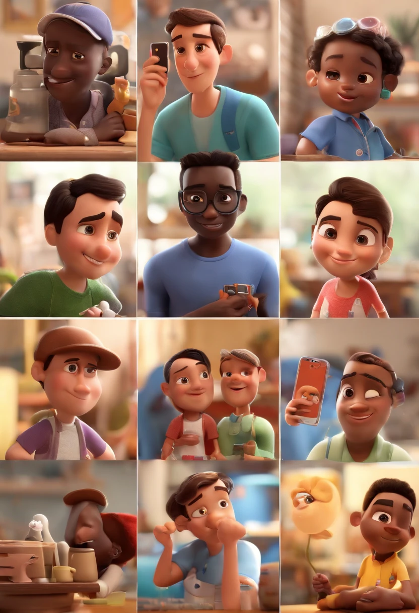 Create a Disney PIXAR-style 3D poster. ((centro da imagem)), ((1 pessoa)) ((1 jovem )) ((He's fixing a cell phone, The young man has black skin and a black cap and dark brown eyes, ((tudo isso no estilo Disney PIXAR 3D, In the background, A Technical Assistance Studio, 3D render RTX material de argila, estilo de design cartunesco, POP Mart, soft lighting, linhas suaves, Spring tilt, Detailed illustrations of PIXAR 3D, Detalhes hiper-realistas, cor quente no estilo Disney PIXAR 3D))