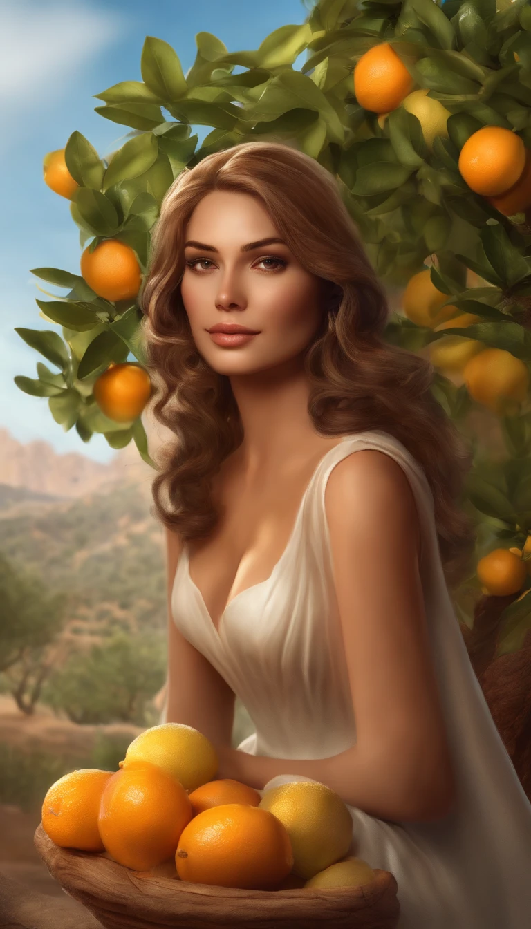 Estilo-Sylvamagic, award-winning character concept art of a beautiful drought sitting against a citrus tree, em um belo pomar de citrinos de laranja, citrus fruits on trees, amazing body, sorridente, Feliz, Rindo, exultante, cabelos azuis claros, chifres dourados, cute gossamer see dress emravés, Blurry_Background Story, seios, sorrir, voluptuoso, Nemural Lighting, medium_seios, lips, Olhando_em_visualizador, sozinho, de cima, Highly detailed 8K character concept retremo studio lighting, sunlight, beautiful lighting,
