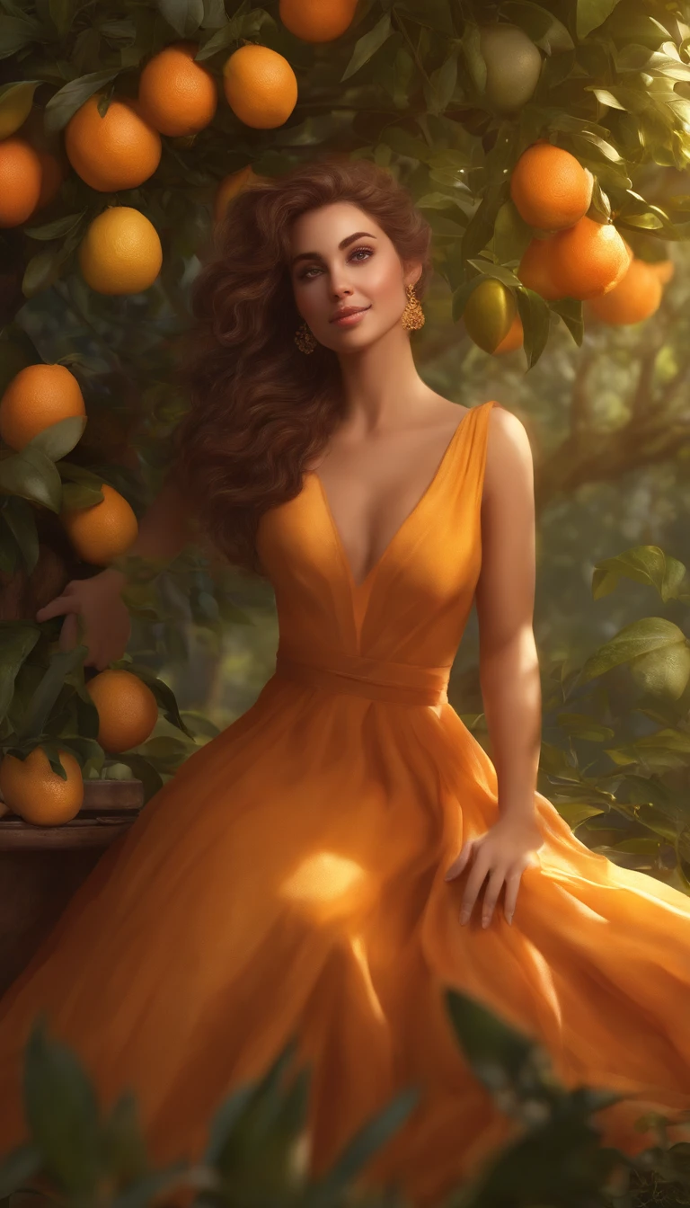 Estilo-Sylvamagic, award-winning character concept art of a beautiful drought sitting against a citrus tree, em um belo pomar de citrinos de laranja, citrus fruits on trees, amazing body, sorridente, Feliz, Rindo, exultante, cabelos azuis claros, chifres dourados, cute gossamer see dress emravés, Blurry_Background Story, seios, sorrir, voluptuoso, Nemural Lighting, medium_seios, lips, Olhando_em_visualizador, sozinho, de cima, Highly detailed 8K character concept retremo studio lighting, sunlight, beautiful lighting,