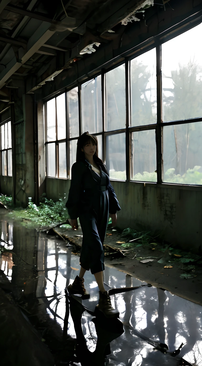 Live-action high-level image quality Cinematic、Cinematic light、It looks like it was taken with a camera Top image quality realisitic portlate japanes 10 generations large full breasts modeled well-styled uneasy Scared Beautiful girl walking in the danger zone of an abandoned city。She stomped her feet under the remnants of rusty buildings and eerie lighting.、Looking forward with determination。The surrounding area is overgrown with dilapidated buildings and remnants of vegetation.、Dark shadows shape an eerie landscape。Clothing is worn with protective clothing,、Dust and scars cover the surface。Her hair is stained with dry dirt and dust,、Reflection of light in dim environments。His face was full of courage and determination.、I'm ready to never go back...。"