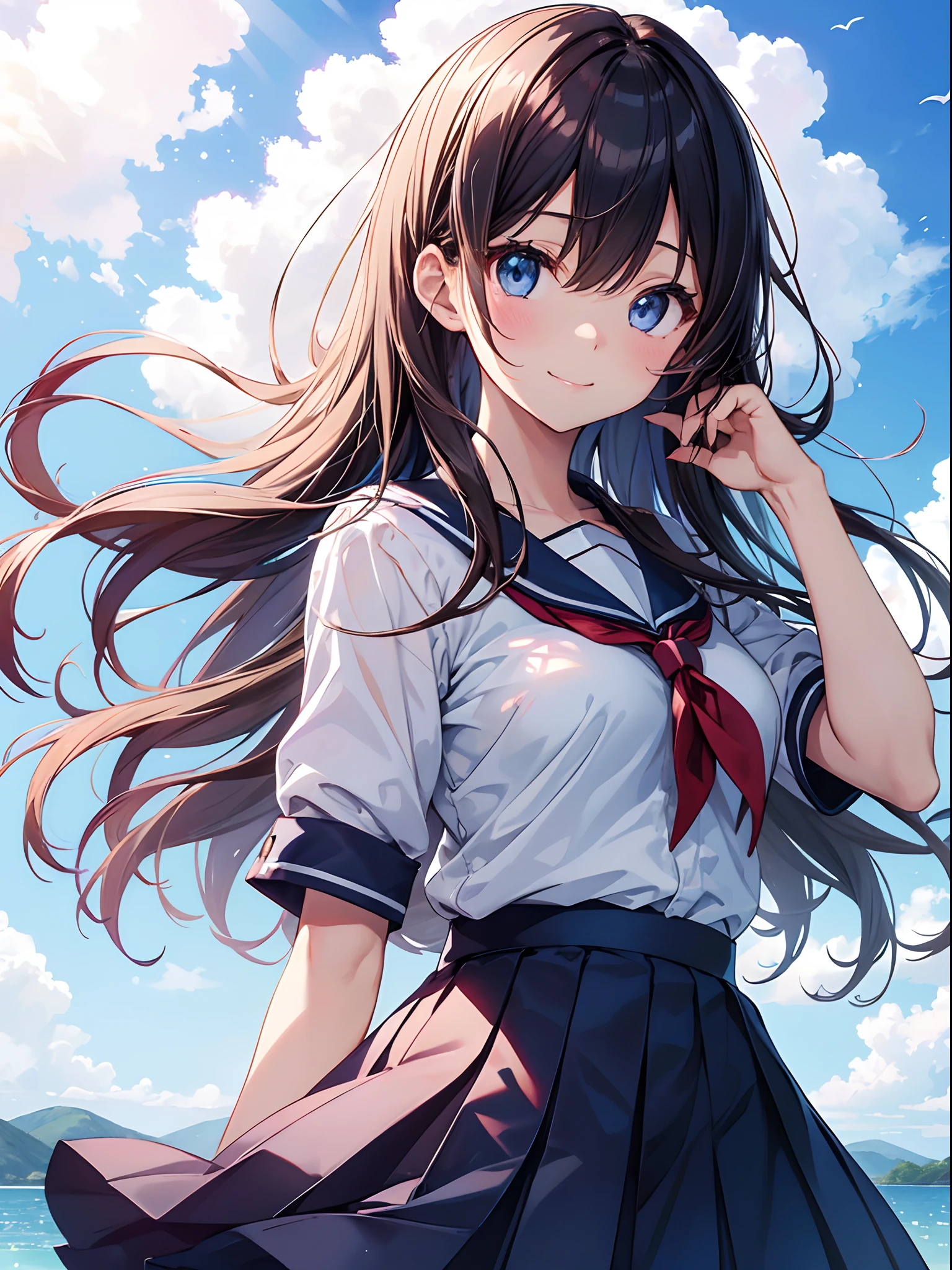 (masutepiece ,Best Quality,Insanely detailed), 1 Cute Pure Girl,Innocent smile,serafuku,Blue collar,Navy pleated skirt,From below,Blue sky,white clouds,Summer sunshine,detailed and beautiful eyes,Twinkle Eyes,Glossy lips,  Perfect Anatomy , Perfect five fingers,Attractive,amazing, Ultra-fine Eras