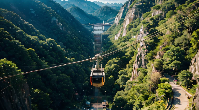 a hyper realistic photography of the an aerial view of Cable Car Ride in Langkawi, no people, Nikon D850 DSLR 4k camera, 100mm lens, F 1.2 aperture setting, bright and natural lighting, vibrant, fun and relaxing atmosphere