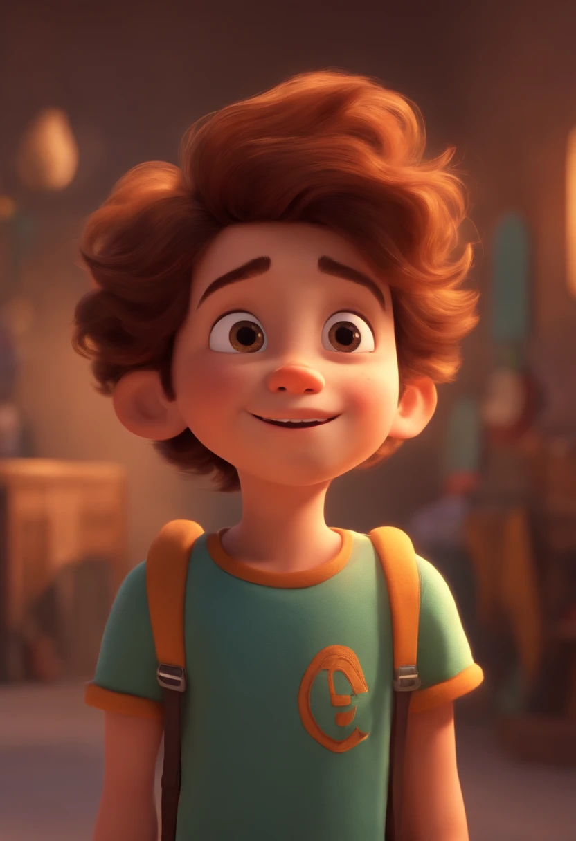 Image of a boy for a story in a YouTube video in Pixar format, He's the  allabester, He's the class leader, He's outgoing, Playful and gets up for a lot of things, cabelo curto