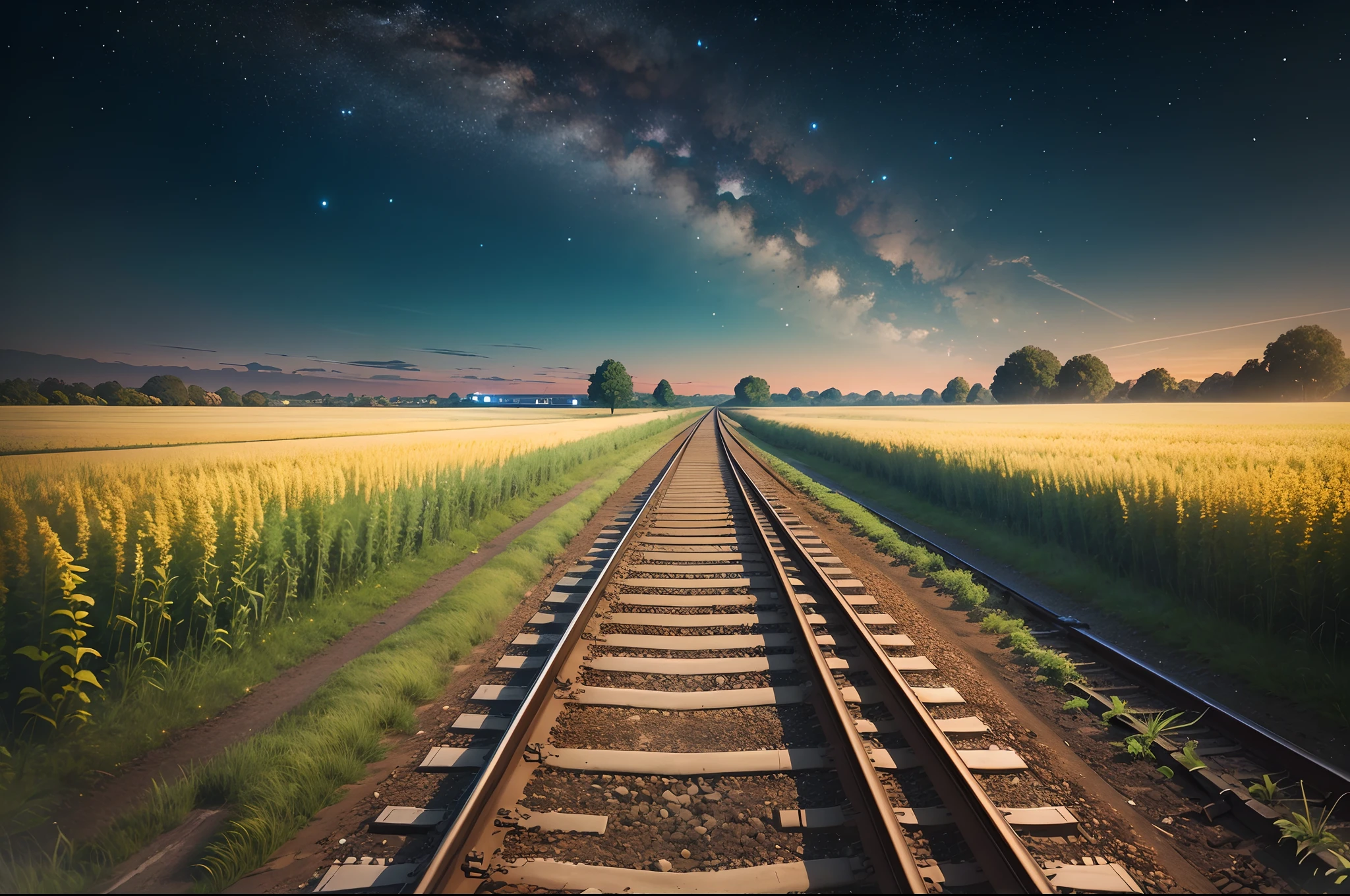 A beautiful night,sky filled with stars,an old railway track between a crop field,landscape, ultra realistic 8k quality,