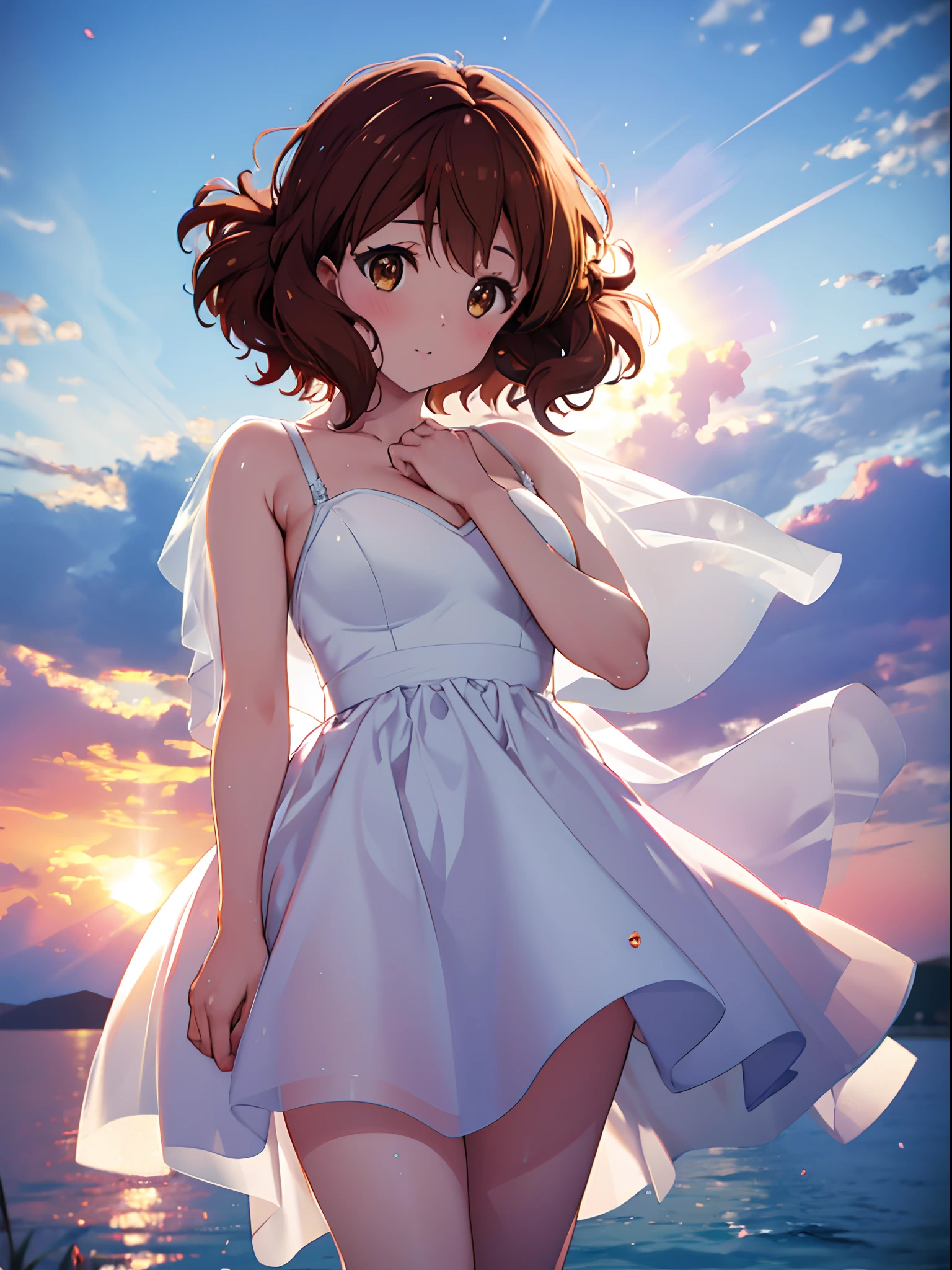 Top image quality、 [3D images:1.15]、[8k picture:1.15], Top image quality, Kumiko、white sock、High resolution, Ultra-high-resolution beautiful thighs, one girls、Oh you＿Kumiko、Cute faces in anime、Girl with beautiful details、depth of fields, Short hair, Brown hair, (full-body view), wedding dress, flower, chies、Cowboy Shot