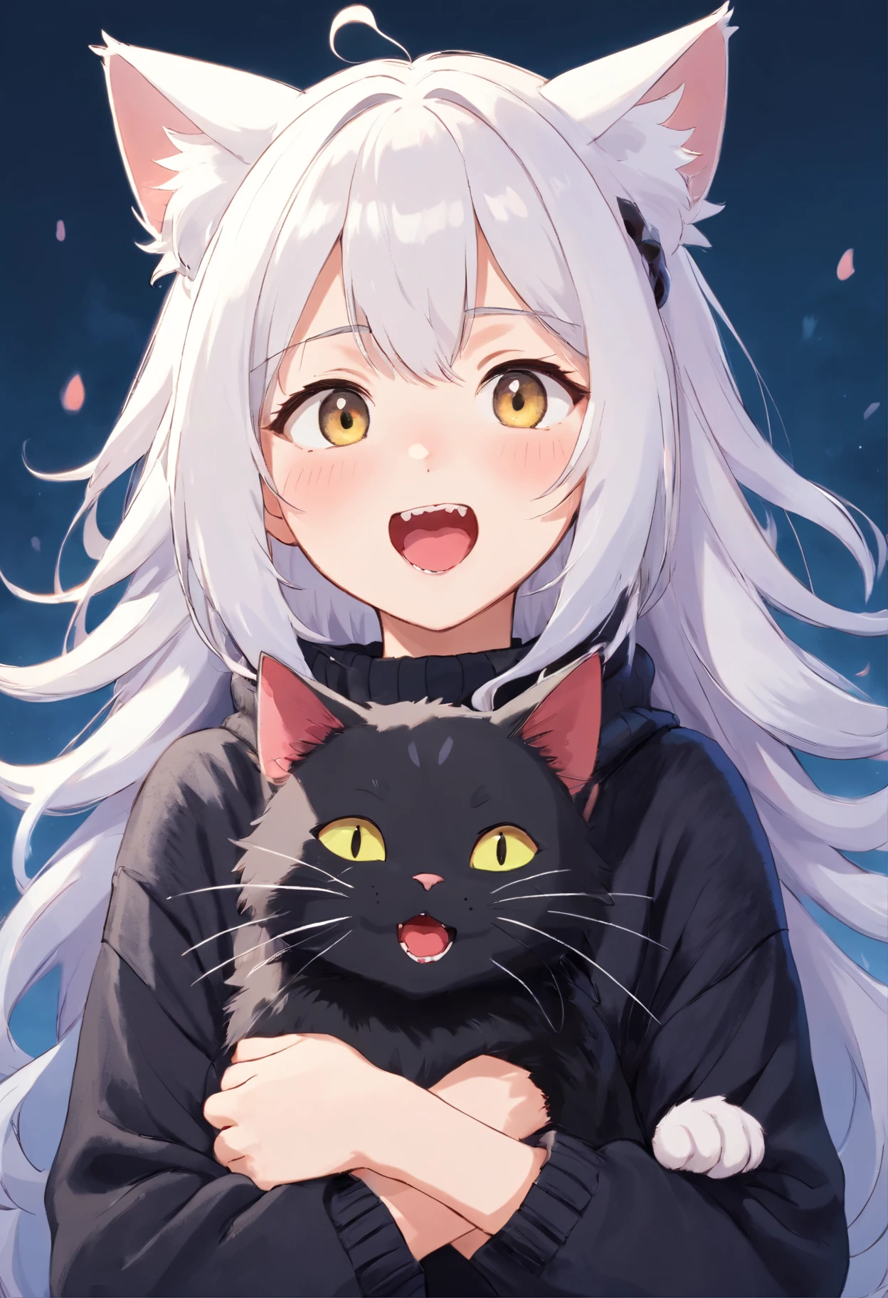 Soft, cute adult neko with puffy white hair wearing a loose fuzzy black sweater, adorable, has cat fangs and a blushy look on her face, OwO, black cat