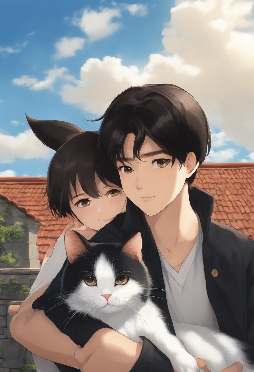 a black-haired、Boy with big brown eyes,The background is blue sky,Embrace a cat。Osamu Tezuka,super high image quality,ultraclear,Extreme detail - Niji 5