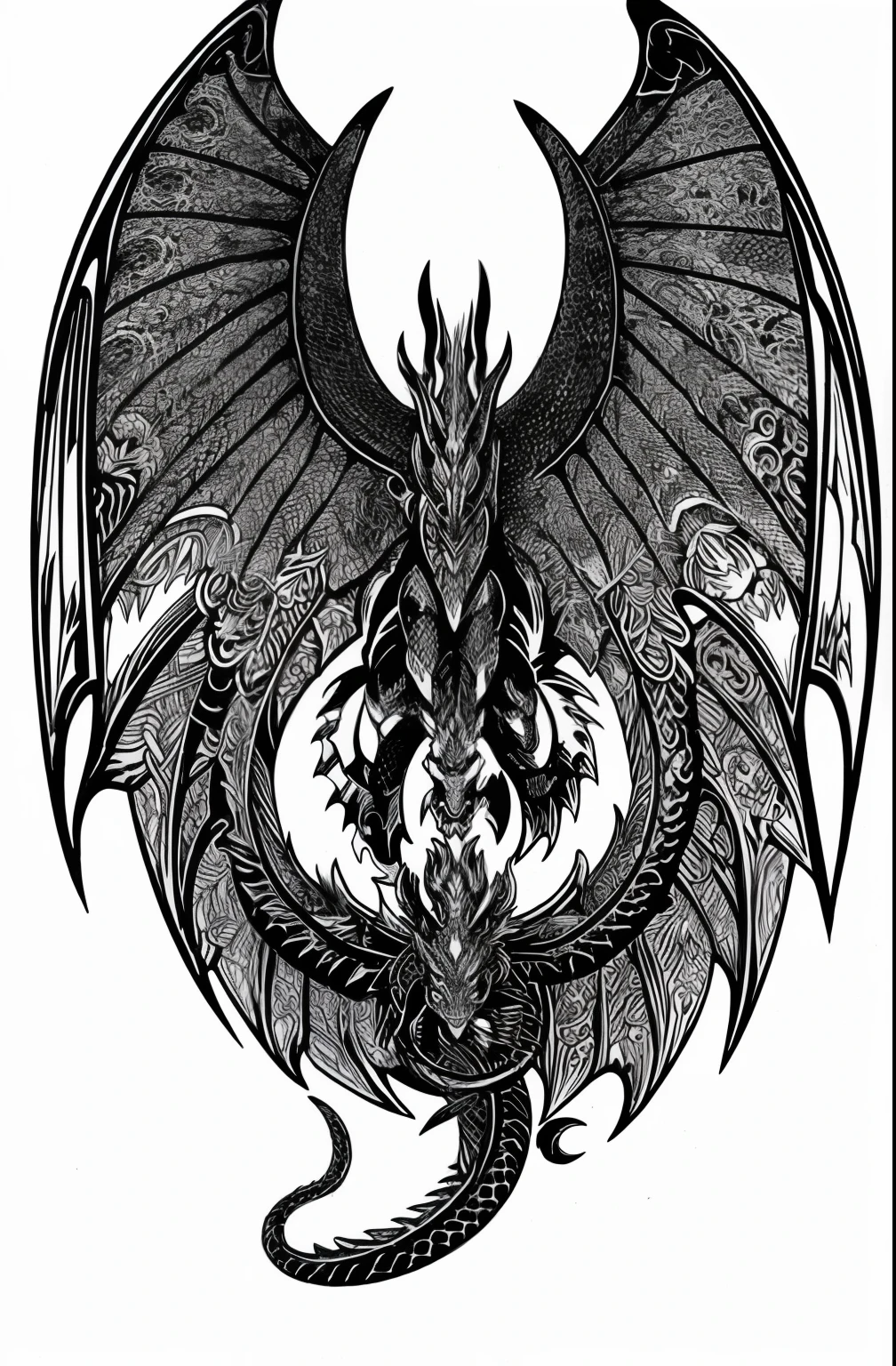 une conception de tatouage de dragon noir et blanc sur un fond blanc, serpent dragon avec des ailes, Dragon avec des cicatrices, Un majestueux dragon gothique, Un majestueux dragon indien gothique, un dragon, Great mystical winged snake, Detailed Dragon, Dragon noir, Art du dragon, Ailes de dragon, Dragon volant, Vol de dragon, Pointed, irregular spiral wings, Langage de conception Dragon, Symmetrical Dragon Wings
