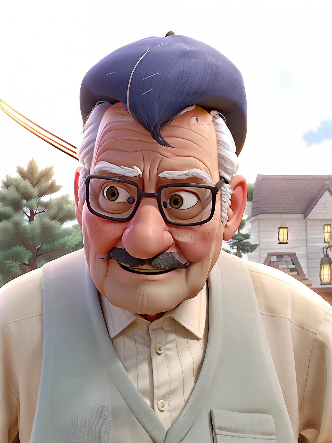 A wise old man standing in front, illuminated by the light of a lamp, against the backdrop of a library