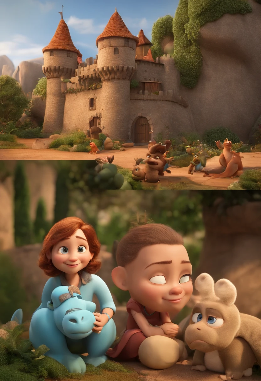 Create a Disney PIXAR-style 3D poster. ((centro da imagem)), ((1 young adult male and 2 )) ((1 homem adulto jovem no meio, uma menina no lado esquerdo  e 1 menino menor ao lado direito, They're smiling, The young man has fair skin and is bald,  e olhos castanhos escuros, a menina pele negra, olhos castanhos e cabelos escuros e cacheados, e o menino tem pele negra, olhos escuros e cabelos escuros e cacheados)) ((tudo isso no estilo Disney PIXAR 3D, In the background, a medieval castle with dragons, The garden is full of nature 3D render RTX clay material, estilo de design cartunesco, POP Mart, soft lighting, linhas suaves, Spring tilt, Detailed illustrations of PIXAR 3D, Detalhes hiper-realistas, cor quente no estilo Disney PIXAR 3D))