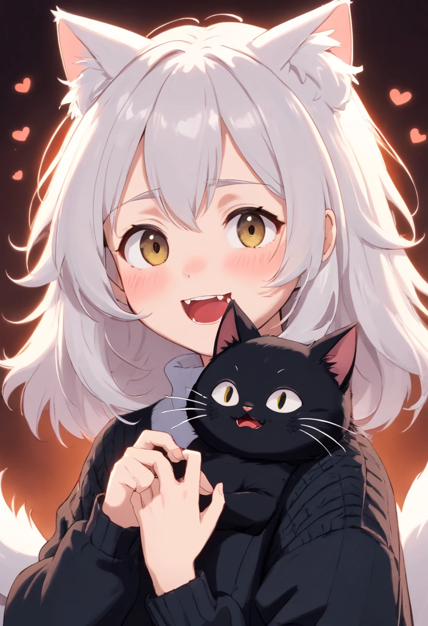 Soft, cute adult neko with puffy white hair wearing a loose fuzzy black sweater, adorable, has cat fangs and a blushy look on her face, OwO, black cat