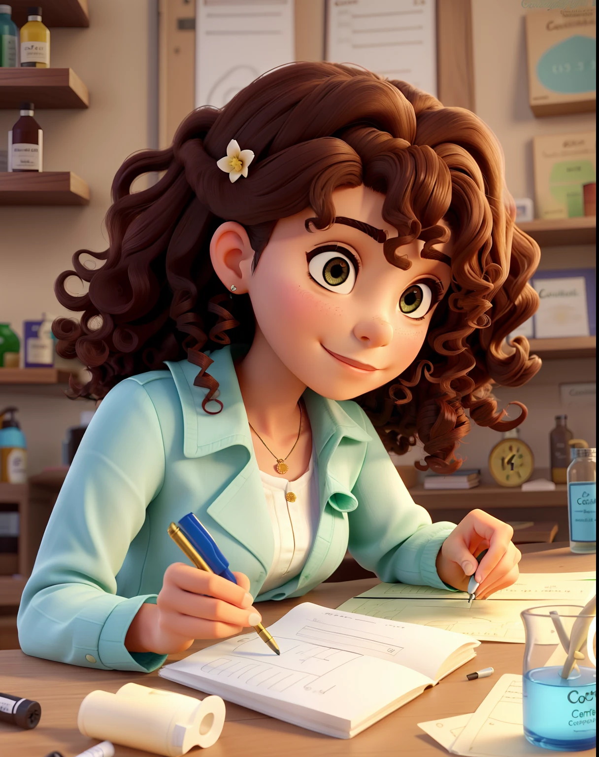 Um senhor de canelos pretos de costas escrevendo calculos em uma lousa, A lady with curly hair mixing chemical formulas.