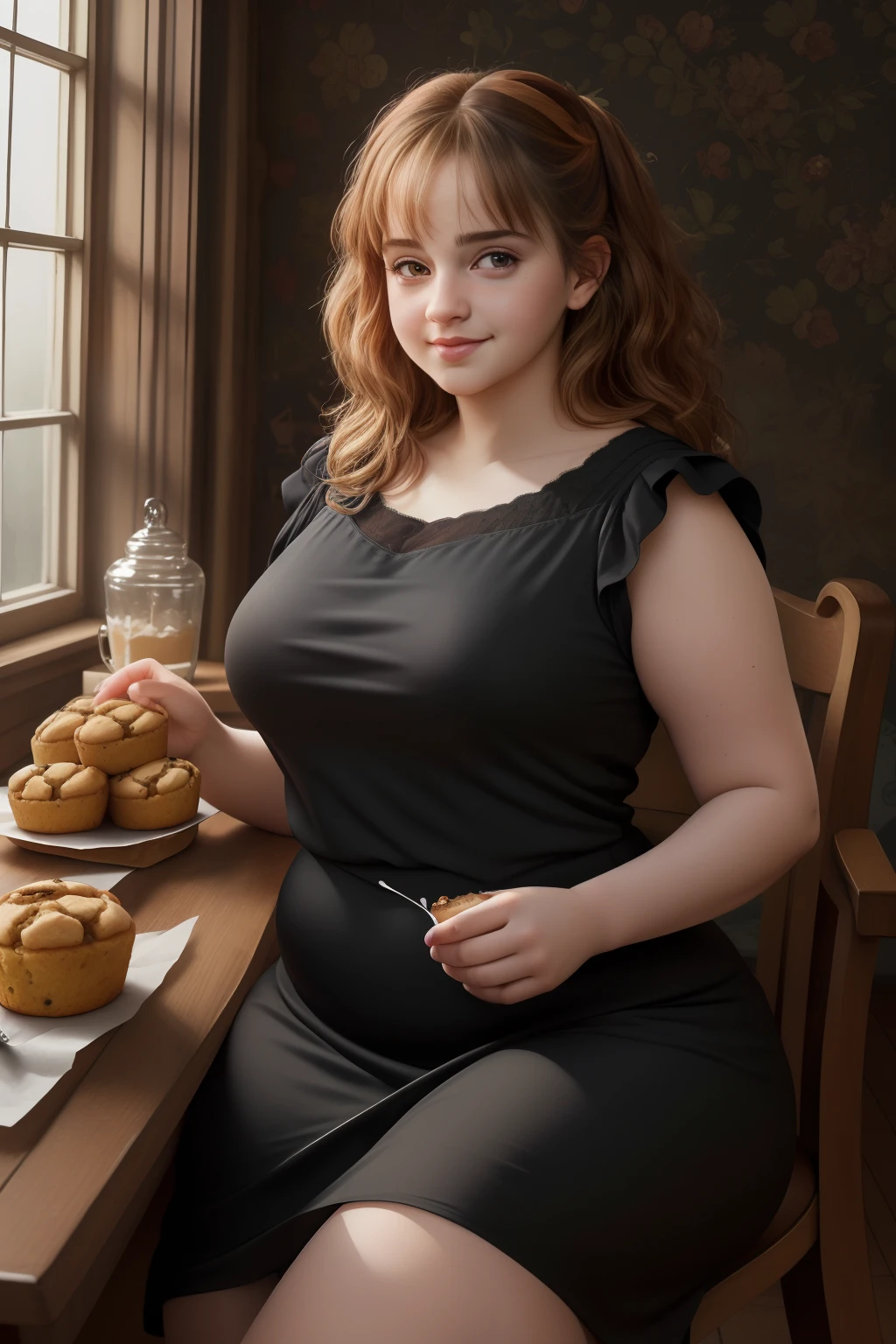 masterpiece, (photorealistic), (8k wallpaper) , (best quality), perfect quality, solo, (detailed eyes:0.9), Ermione, adult, eating muffin, small smile, sexy, very beautiful face, curvy, very chubby, fat rolls, belly rolls, soft, black dress, see-through dress, muffin top, big deep navel, tight dress, love handles, thunder thighs