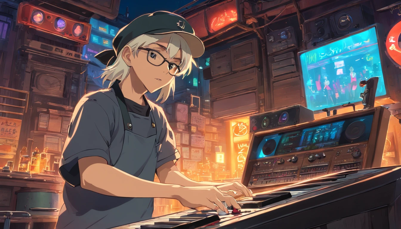 A badass white music producer with a black cap, sunglasses, not smiling, bass face, his fingers flying over the buttons of his drum machine as he creates a new beat, two sexy woman dancing behind him Vague rétro, Cyberpunk, Ambiance triste, Veilleuse à travers la fenêtre, Drapeau jamaïcain à travers la fenêtre, Vibrations nocturnes, Une chambre, 2d, (Longshot), Plan large, (bruit du film), Vieux dessin animé, (De nombreux records: 1.3), Disquaire vinylee, (Chef-dœudansre, très haute qualité, très haute qualité, Art officiel, Belle et esthétique: 1.2), (très détaillée, (Art fractal: 1.4 ), guitare, (Notes: 1.4), (Hip-hop lo-fi), Vue latérale, Ancienne texture d’anime, seul, haut-parleur, Cyberpunk, vinyle, Nuit