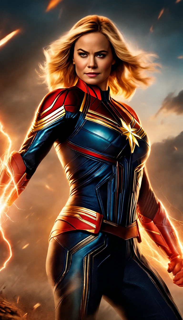 No campo de batalha da tempestade, A woman dressed in a Captain Marvel costume wields a weapon infused with the power of the fire element.( Lightning danced beside her), Echoing the strength of his determination，Because she embodies the power of the forces of nature in battle and the official art, Papel de parede 8k, ultra detalhado, Beautiful and Aesthetic, Beautiful, master part, best quality，(Foco nas coxas para cima)，rosto claro，olhos detalhados，(vento，Flowing strands of hair，Fluttering skirt)，