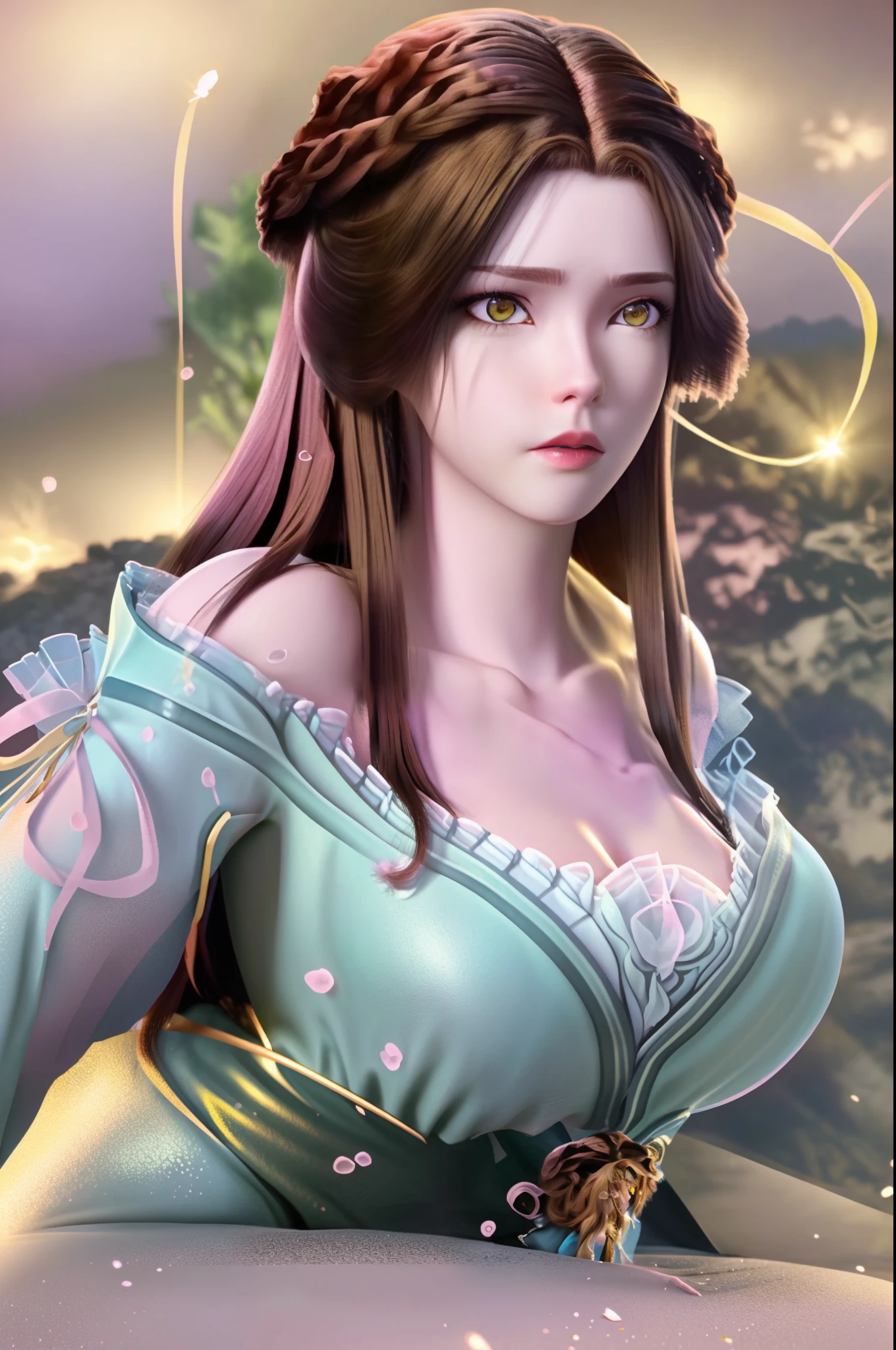 (hyperrealistic girl), (illustration), (high resolution), (8K), (extremely detailed), (best illustration), (beautiful detailed eyes), (best quality), (ultra-detailed), (masterpiece), (wallpaper), (photorealistic), (natural light), (rim lighting), (detailed face), (high detailed realistic skin texture), (anatomically correct), (solo), (1 girl), (high detailed realistic hair), (caramel hair:1.35), (heterochromic eyes), (detailed eyes), (light yellow eyes:1.37), (sparkling eyes), (realistic big breasts:1.5), (exposed breasts:1.35), (long legs), (slender abs), (dynamic pose), (closed tiny mouth:1.3), (nsfw), (concentrated expression), (topless), (natural pink lipstick:1.3)