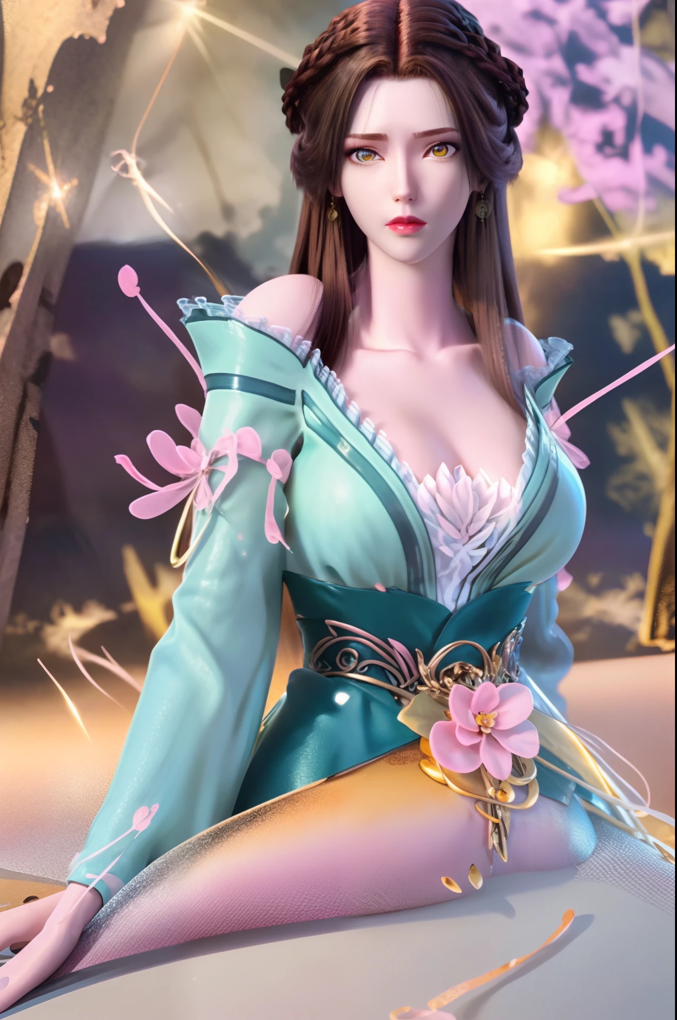 (hyperrealistic girl), (illustration), (high resolution), (8K), (extremely detailed), (best illustration), (beautiful detailed eyes), (best quality), (ultra-detailed), (masterpiece), (wallpaper), (photorealistic), (natural light), (rim lighting), (detailed face), (high detailed realistic skin texture), (anatomically correct), (solo), (1 girl), (high detailed realistic hair), (caramel hair:1.35), (heterochromic eyes), (detailed eyes), (light yellow eyes:1.37), (sparkling eyes), (realistic big breasts:1.5), (exposed breasts:1.35), (long legs), (slender abs), (dynamic pose), (closed tiny mouth:1.3), (nsfw), (concentrated expression), (topless), (natural pink lipstick:1.3)