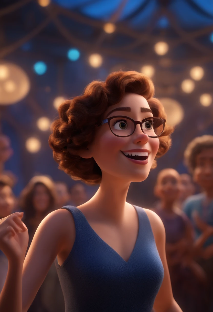 Pixar style image with 3D character white glasses brunette woman short curly hair dancing, Maquiagem Disney,Pescador, bonitinho, sorridente ,Close-up, Pixar, Disney, Cinema lighting,