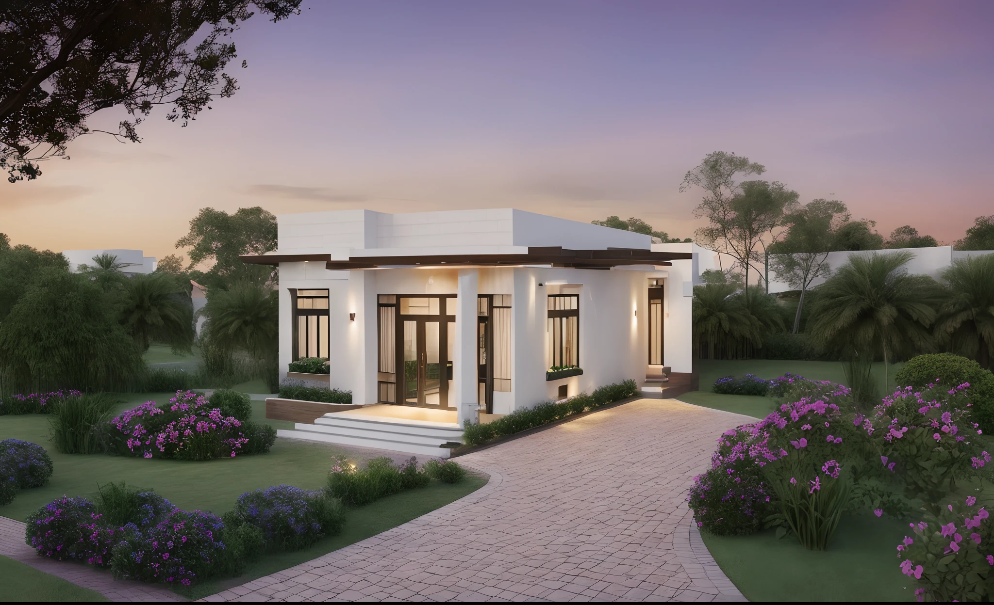 Realistic images, extremely detailed, a modern house, 1 road in font of house, large yard made by ceramic, (1 car), brick fence, lawn, a few small flowers, a road in front of the house, main materials of the house are white walls and red brick, Modern design, clear blue sky, sunrise light, light from inside, dynamic light,shimering light, cinematic light, romantic feeling, (((day light, warm light)))