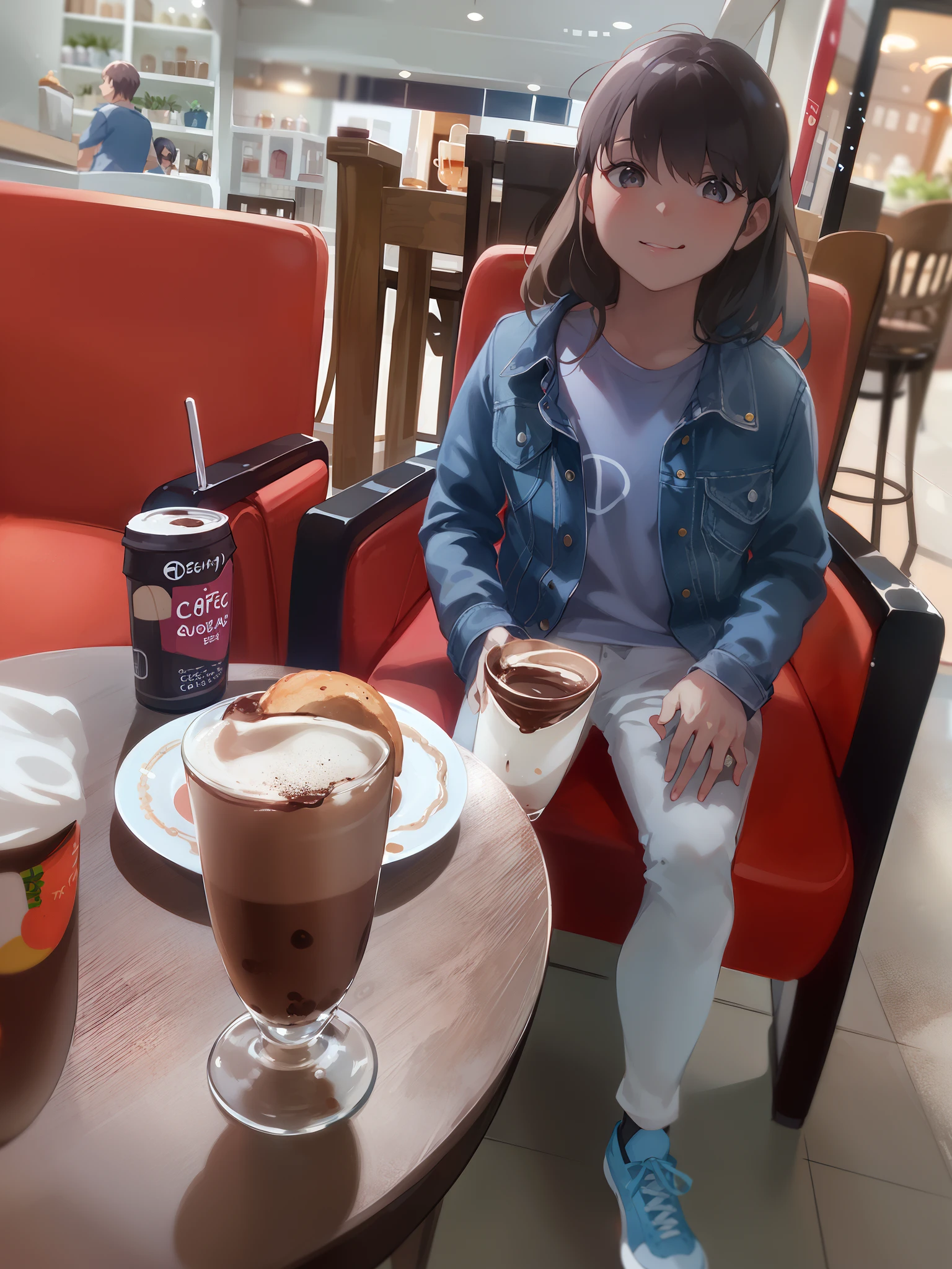 There's a girl sitting on a chair with a cup of coffee, sitting at a café, sentado em uma mesa cor de mocha, com uma bebida, in a coffee shop, with a cup of hot chocolate, Directed by: Nandor Soldier, bebida quente de cacau, in a bright cafe, em um bar, Tomado com Sony Alpha 9, delicioso