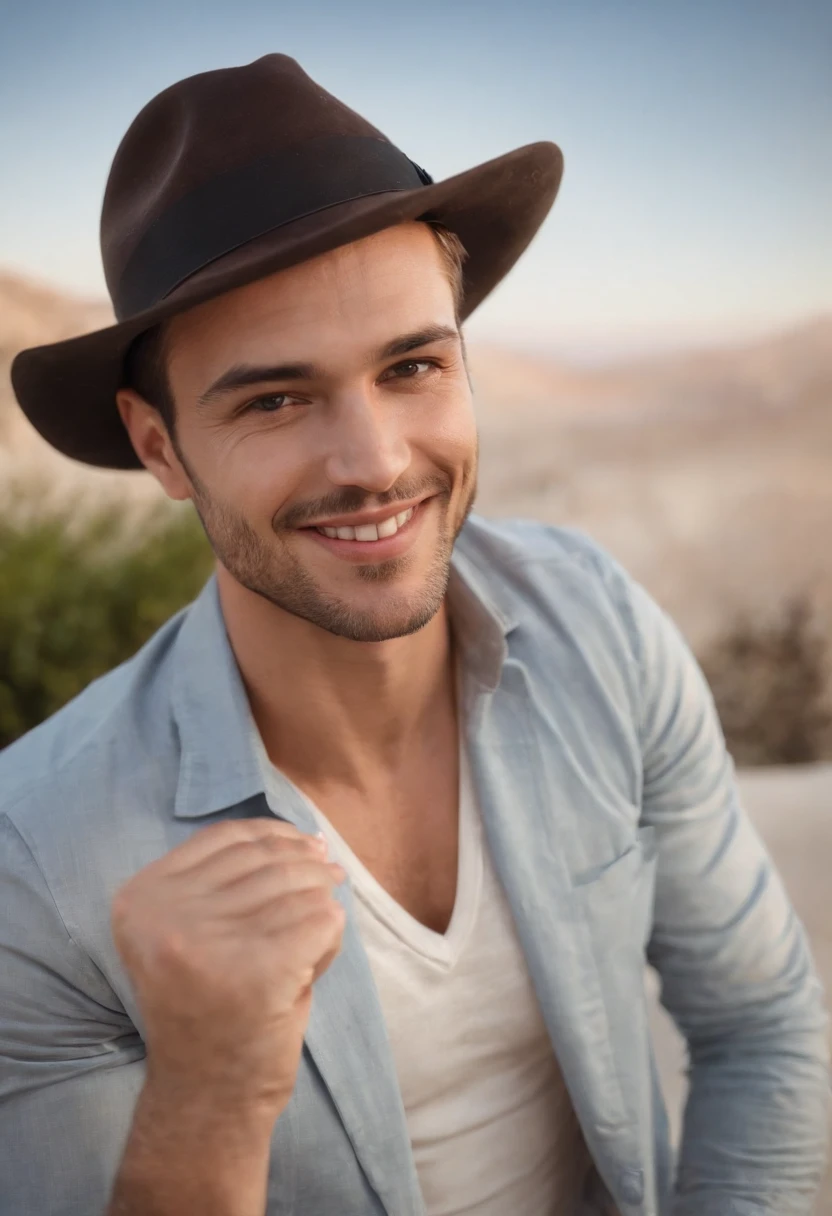 There is a man with smile when posing for a photo, inspirado em Ludovit Fulla, Avatar do Second Life, Gorjetando seu fedora, inspirado em Luca Zontini, bonito impressionante realista, inspirado em Maximilian Cercha, Christian, inspirado em Ramon Pichot, inspired by Kristian Kreković, inspirado em Adam Dario Keel, chilled out smirk on face