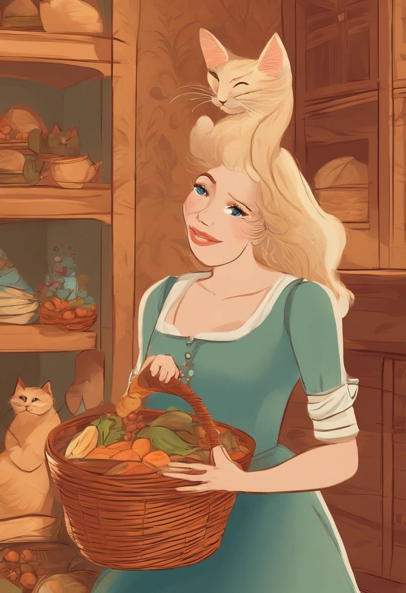 a cat holding a basket of food in front of a woman, 
a storybook illustration by Apelles, deviantart, net art, storybook illustration, repeating pattern, 2d game art