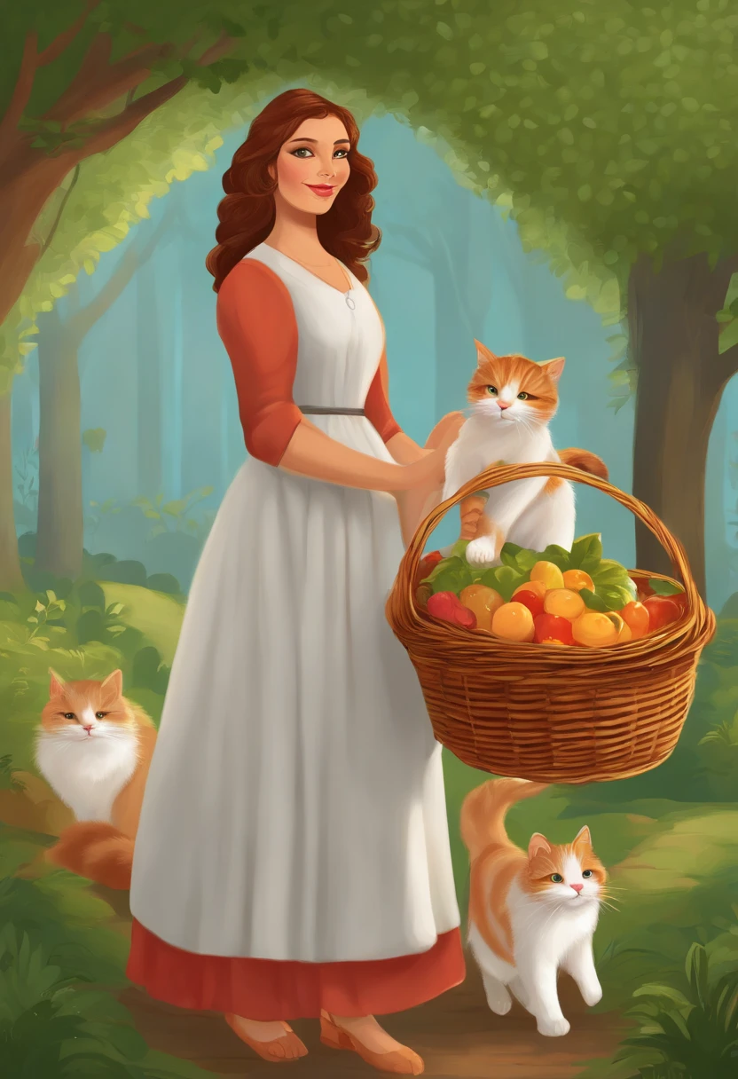 a cat holding a basket of food in front of a woman,
a storybook illustration by Apelles, deviantart, net art, storybook illustration, repeating pattern, 2d game art