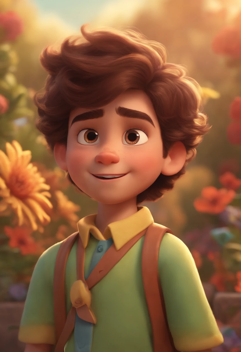 Image of a boy for a story in a YouTube video in Pixar format, He's the  allabester, He's the class leader, He's outgoing, Playful and gets up for a lot of things, cabelo curto