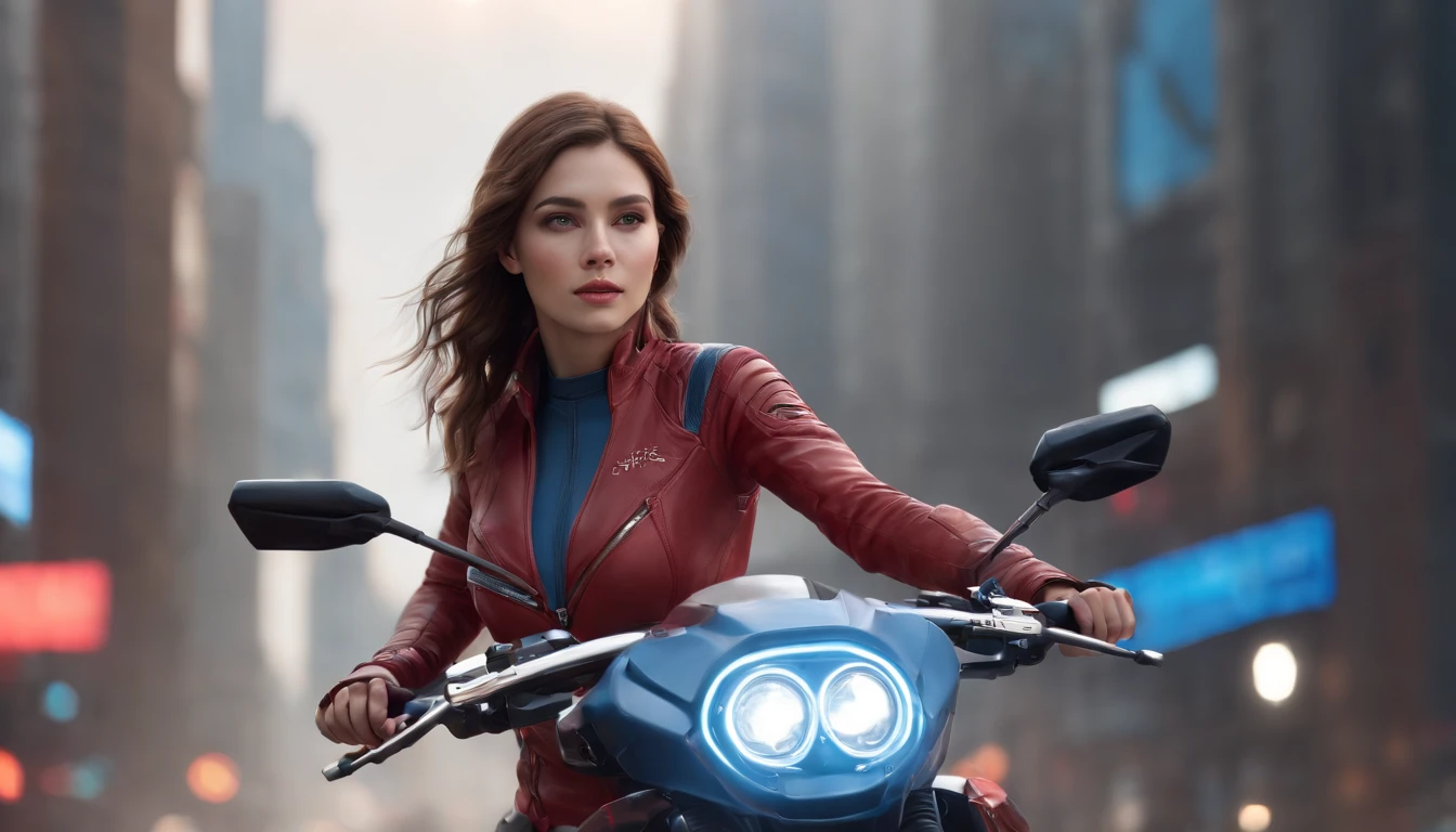 Highest image quality, Outstanding details, Ultra-high resolution, (Realism: 1.4), The best illustration, favor details, highly condensed 1girl, with a delicate and beautiful face, Dressed in a red and blue mech, wearing a mech helmet, holding a directional controller, Riding on a motorcycle, the background is a high-tech lighting scene of the city of the future.