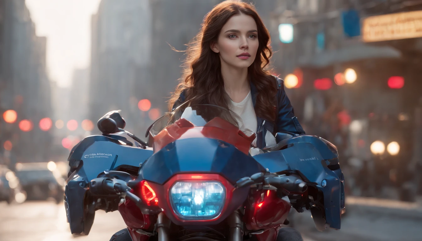Highest image quality, Outstanding details, Ultra-high resolution, (Realism: 1.4), The best illustration, favor details, highly condensed 1girl, with a delicate and beautiful face, Dressed in a red and blue mech, wearing a mech helmet, holding a directional controller, Riding on a motorcycle, the background is a high-tech lighting scene of the city of the future.