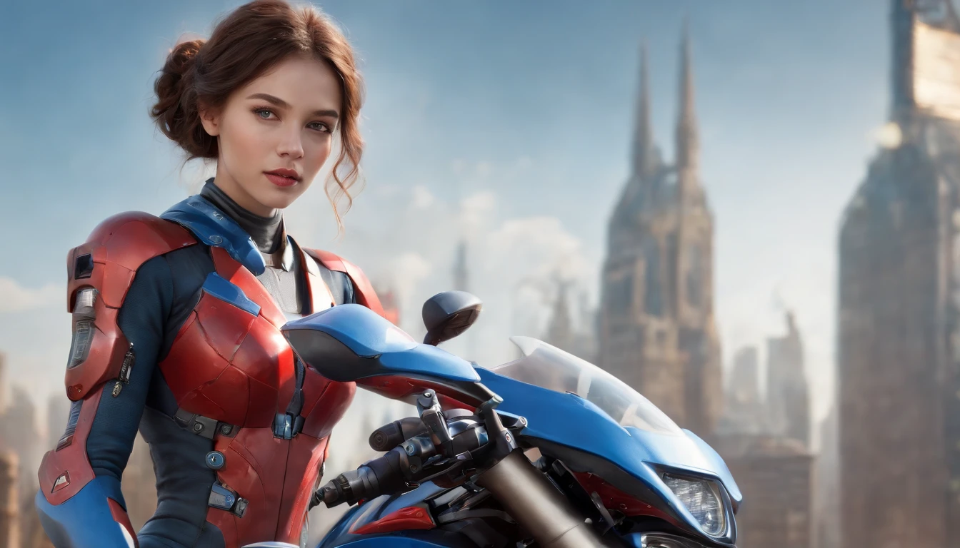 Highest image quality, Outstanding details, Ultra-high resolution, (Realism: 1.4), The best illustration, favor details, highly condensed 1girl, with a delicate and beautiful face, Dressed in a red and blue mech, wearing a mech helmet, holding a directional controller, Riding on a motorcycle, the background is a high-tech lighting scene of the city of the future.