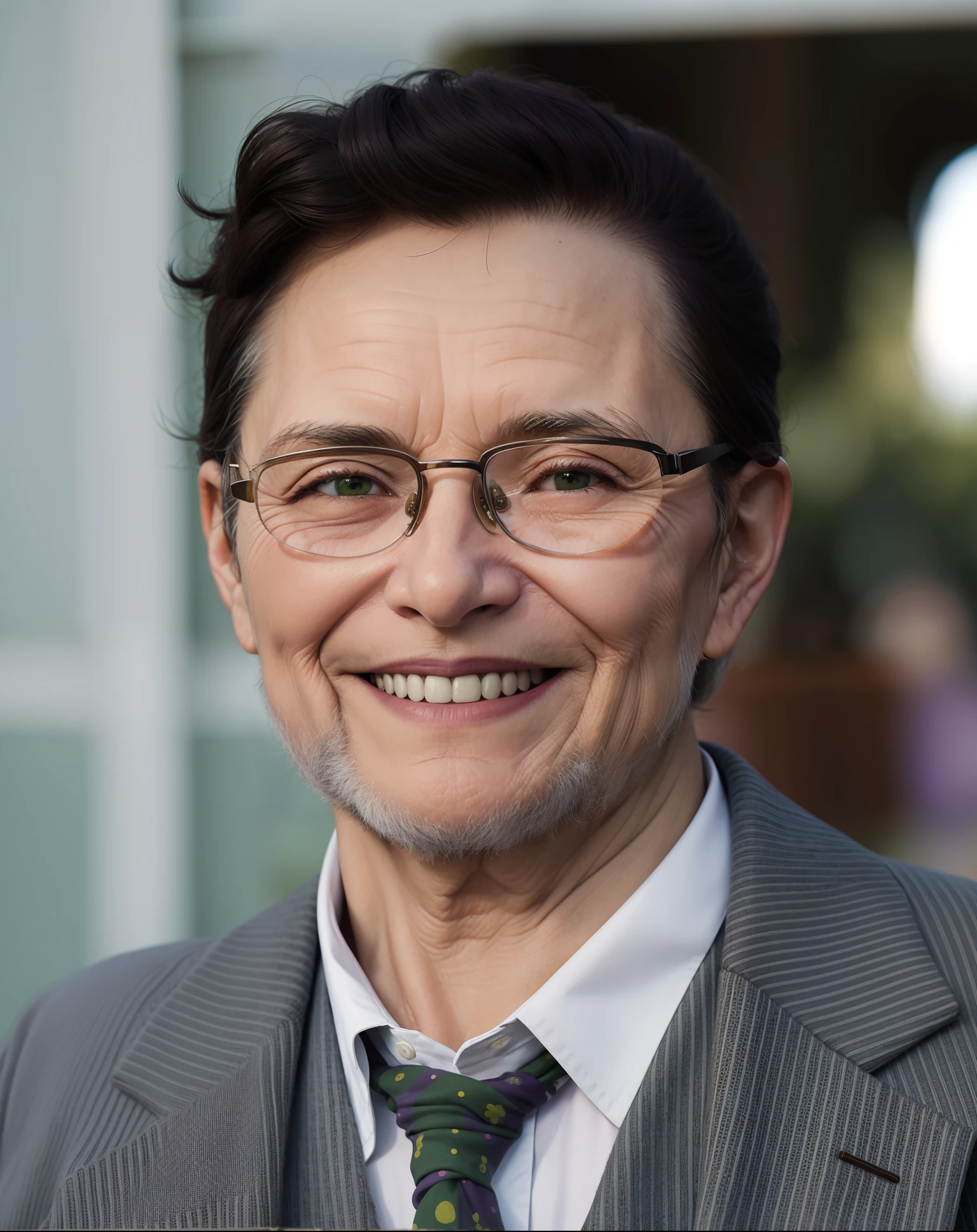 masterpiece, best quality, an old woman with glasses and a scarf on, wearing a purple coat and green scarf, standing at the park