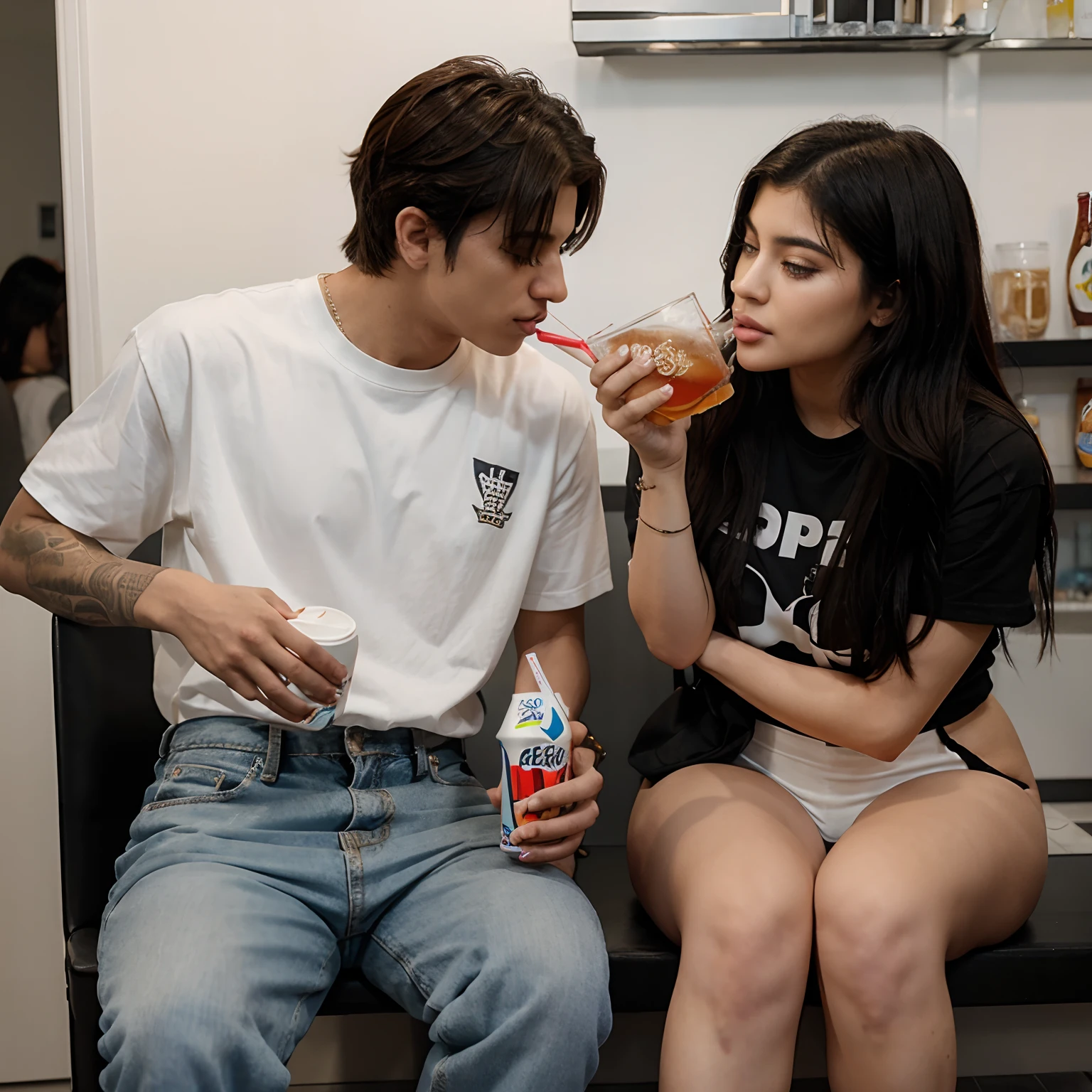 kylie jenner and jungkook drinking soda realistically realistic