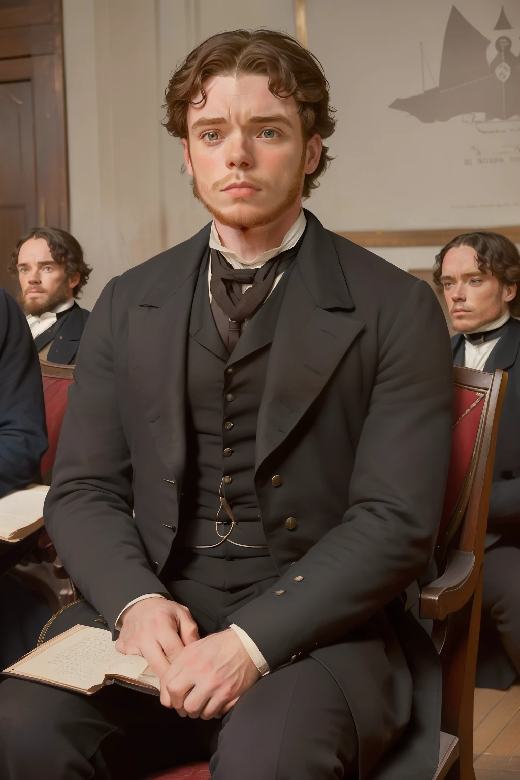 year: 1862. Location: Cincinnati. Pre-Raphaelite (((44-year-old Richard Madden))), ((overweigth)), grey hair, doctor, seated in a university amphitheater classroom full of people, ((worried look)), ((((Clothing from the 1860s)))) ((Hairstyle of the 1860s)), ((("OMITB" cinematography)))