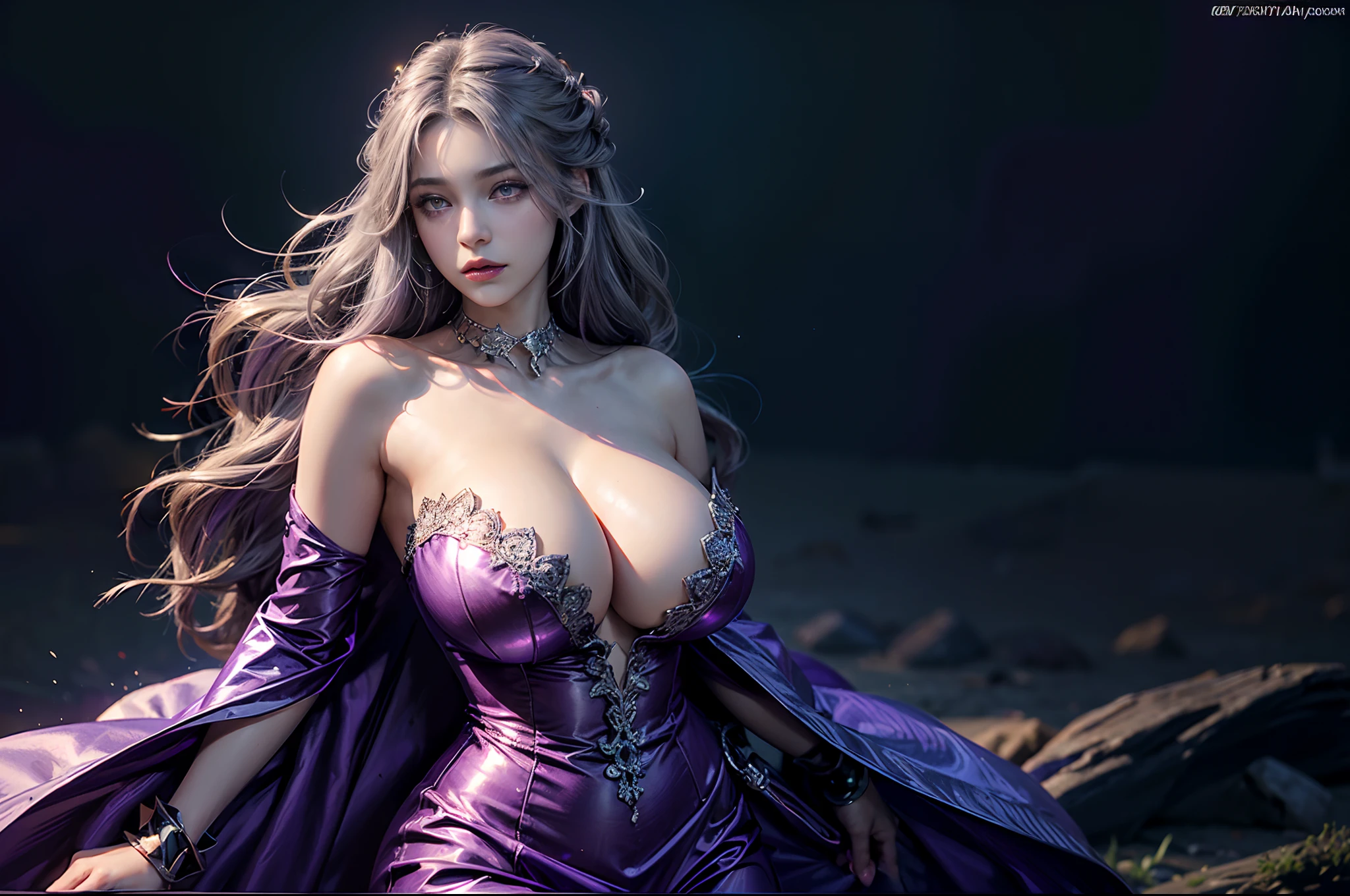 4k, fantasy art, photo realistic, dynamic lighting, artstation, poster, volumetric lighting, very detailed faces, award winning, 1girl, deep shadow, beautiful shot, soft smile, (full details silver and purple Strapless dress), glowing dress, medium long hair, purple hair, random hairstyles, beautiful detailed eyes, long eyelashes, mascara, eyeliner, (purple eyes:1.2), glowing eyes (massive breasts, (huge breasts:1.4), cleavage, thick boobs, thick waist), Moles on her chest, (wide hips, body curvy), random pose, beautiful background, (1girl), solo
